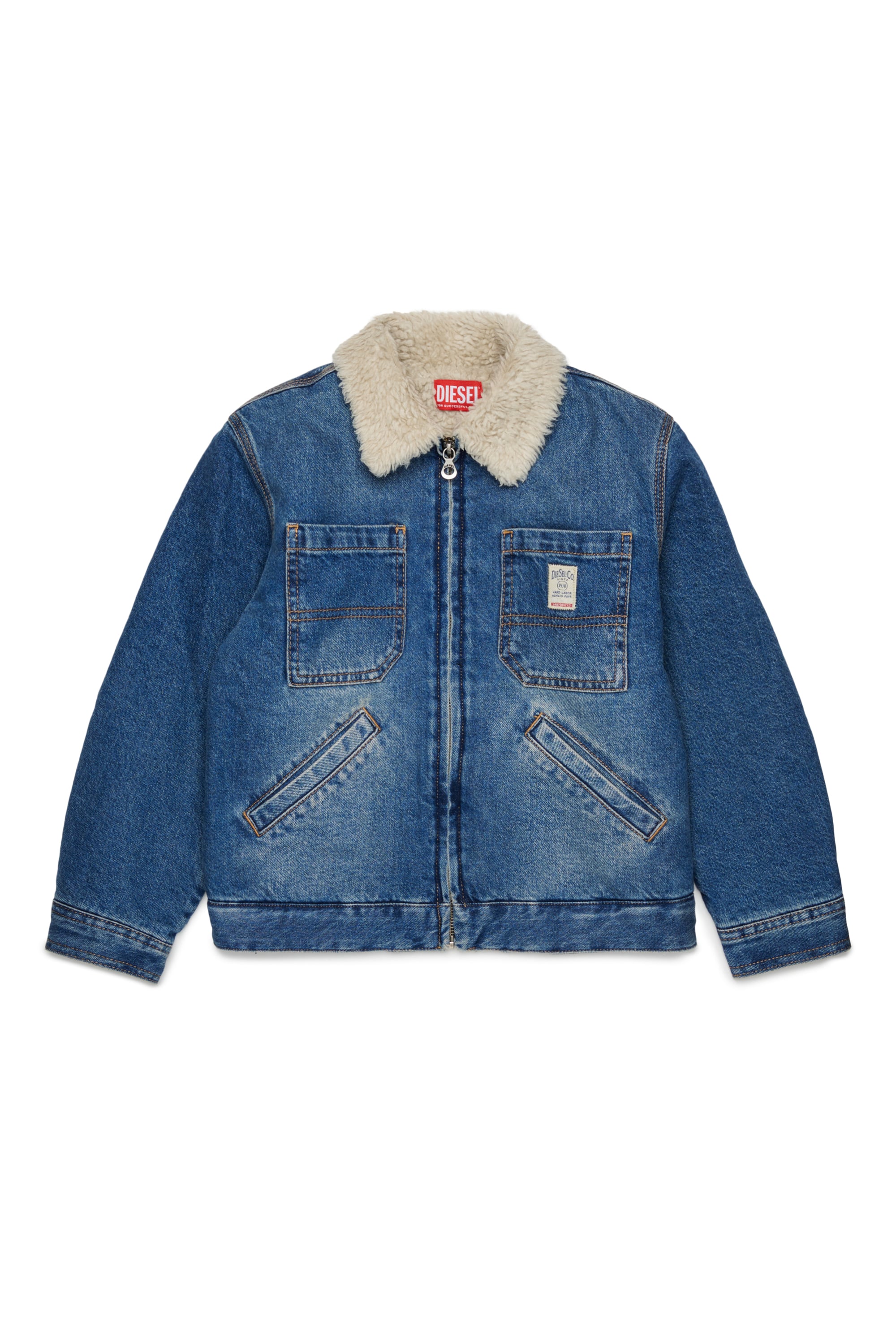 Diesel - JOMOX-FUR, Man's Denim jacket with teddy fleece collar in Medium blue - 1
