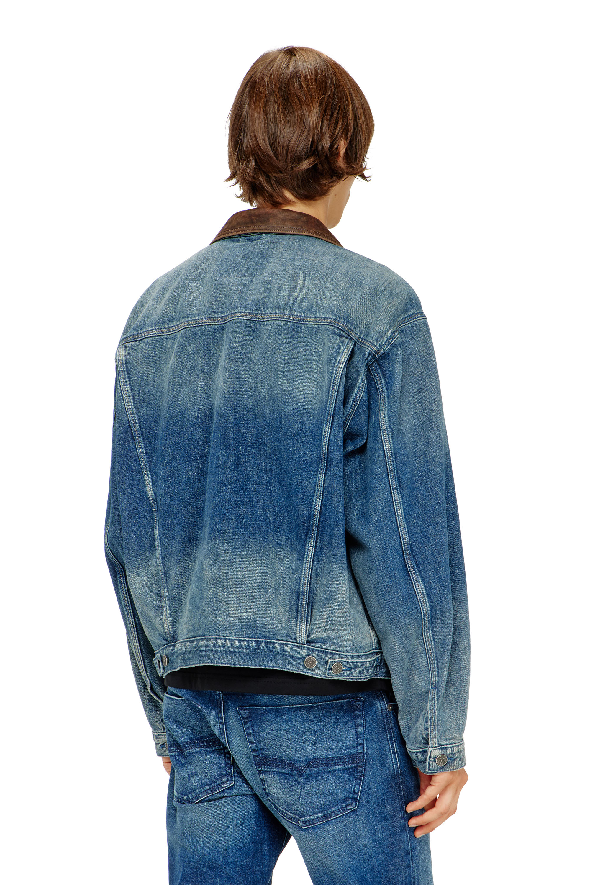 Diesel - D-DENVER-S1, Unisex's Denim trucker jacket with contrast leather trims in Blue - 4