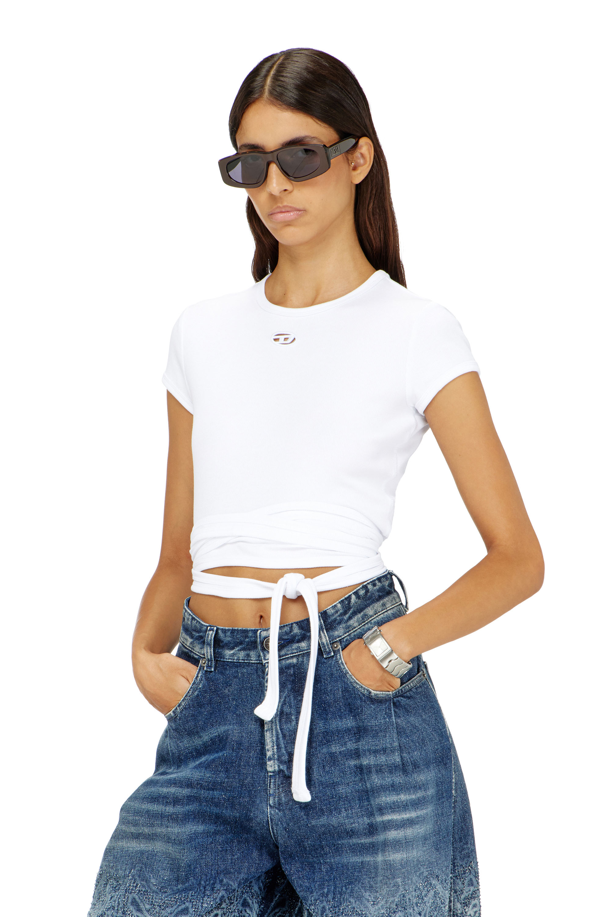 Diesel - T-BUNNY-TAIL-S1, Woman's Ribbed t-shirt with wrap-around laces in White - 3