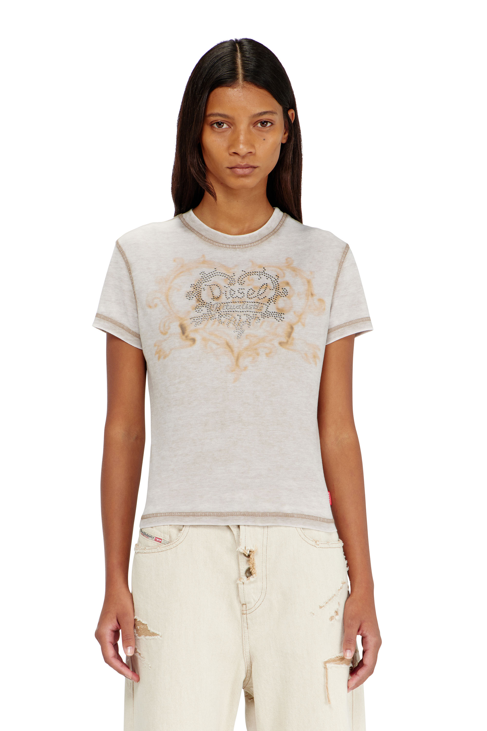 Diesel - T-ILA-AA1, Woman's Jersey t-shirt with rhinestones and burnout effect in Light Grey - 3