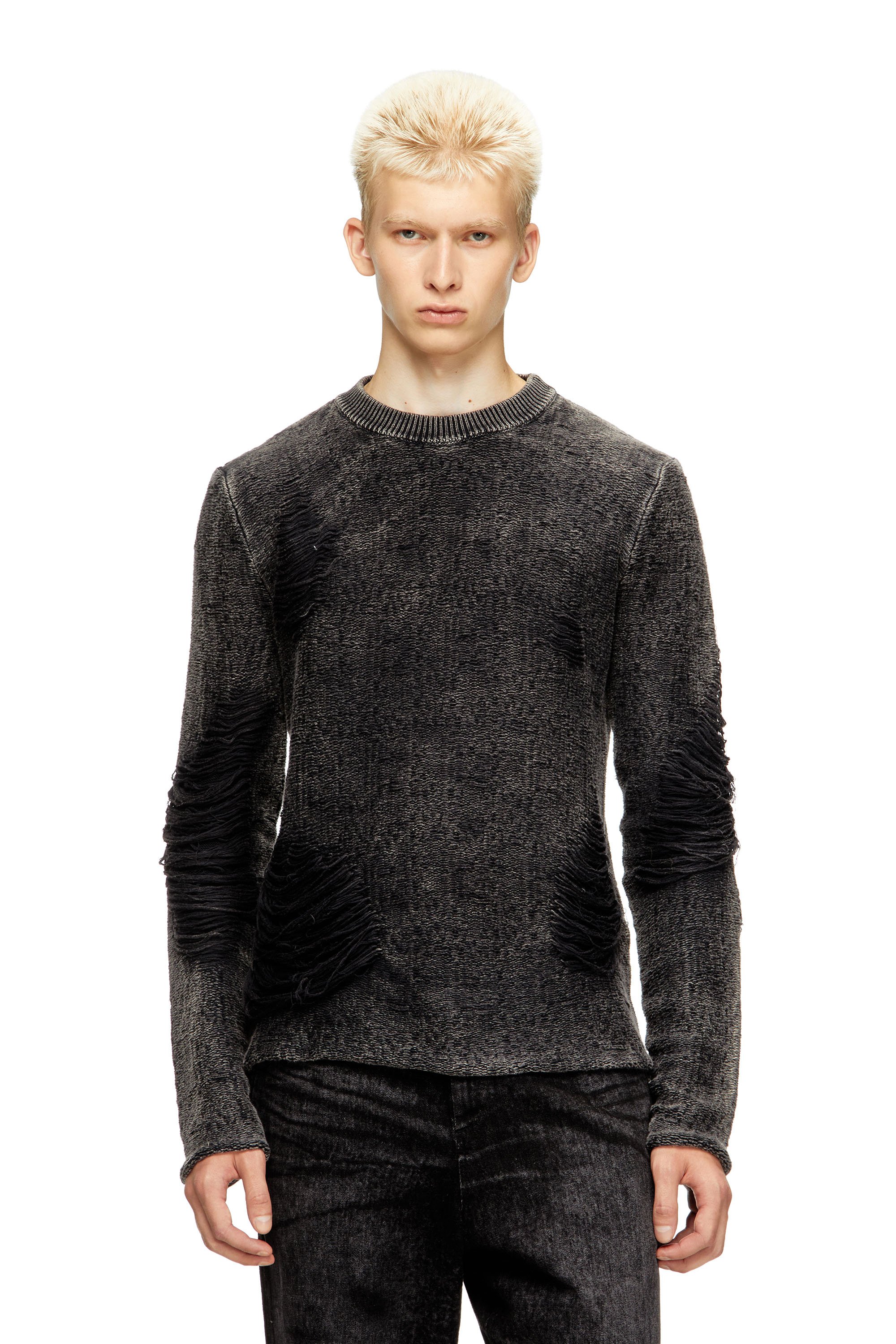Diesel - K-FJORDI-ROUND, Man's Destroyed jumper with floating yarns in Black - 1