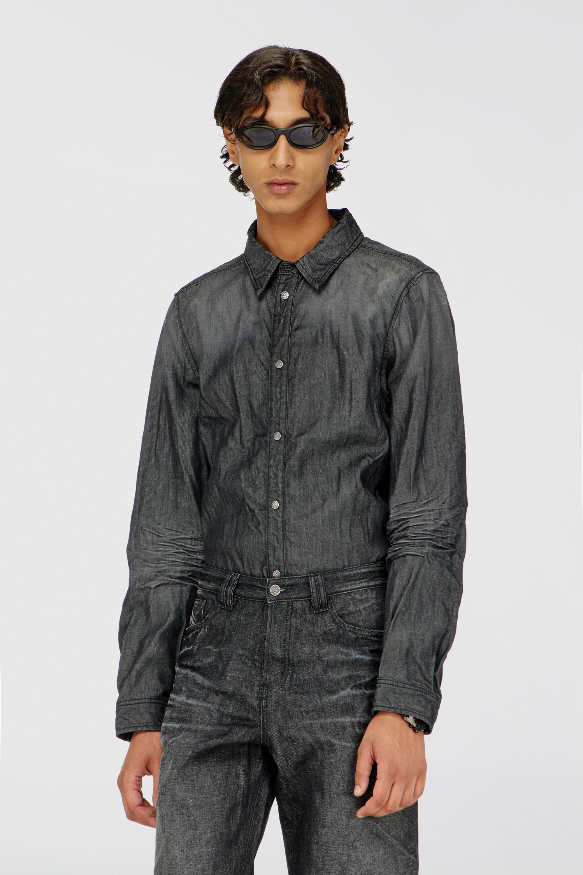 Diesel - D-SYNAR-FSJ2, Man's Shirt in creased denim in Dark grey - 1