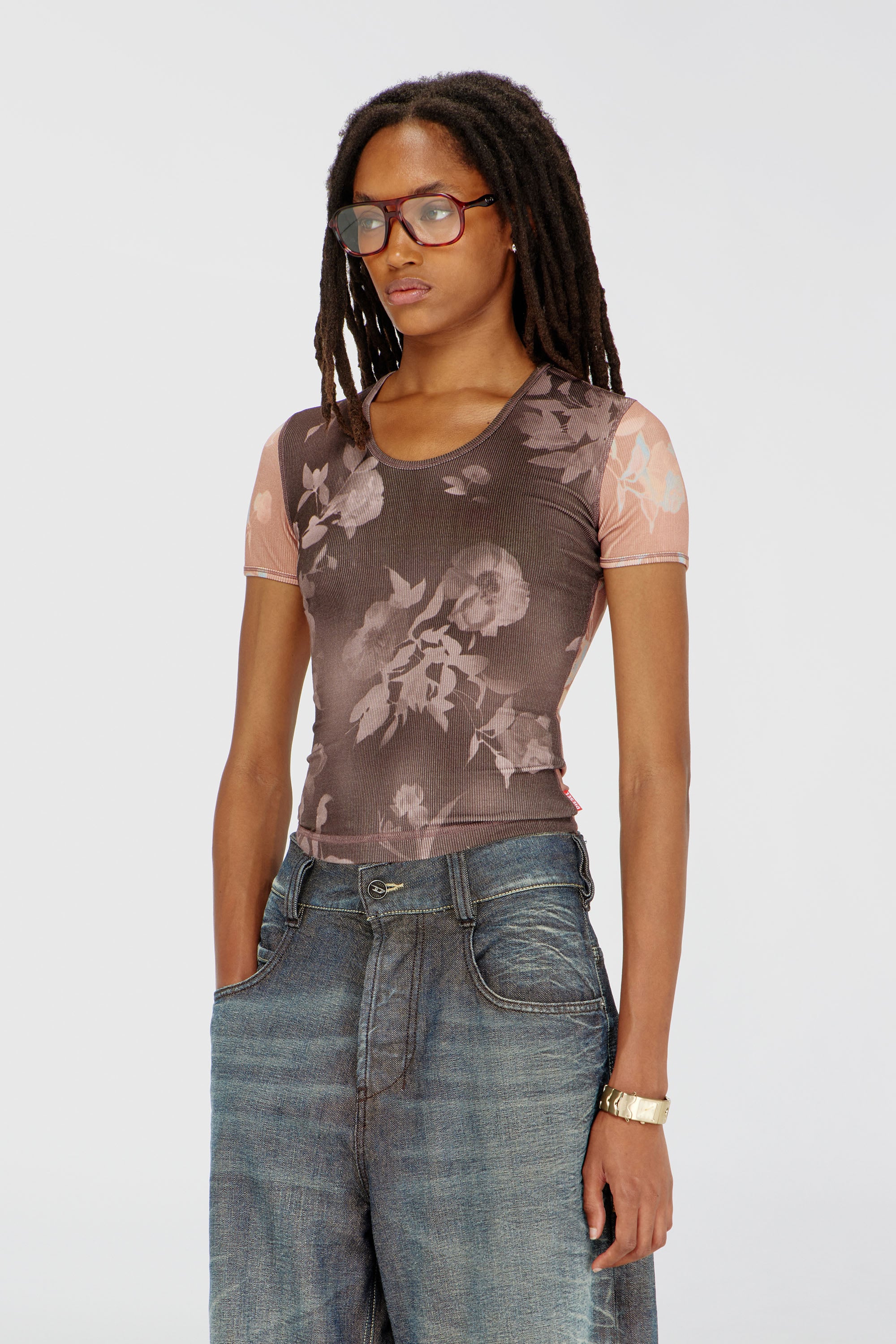 Diesel - T-ELENEWU, Woman's Top in floral-print ribbed jersey in Brown/Pink - 2
