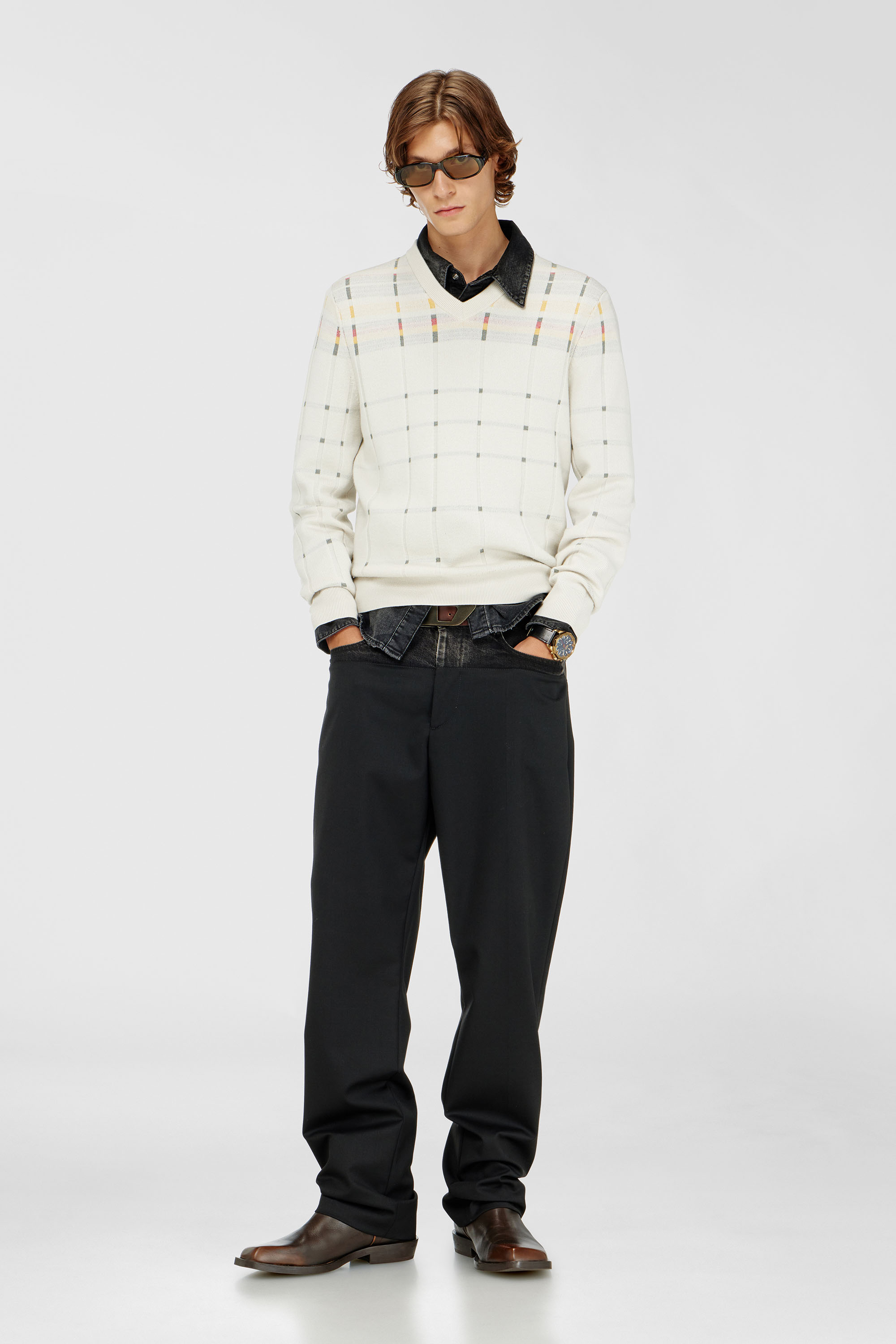 Pants with denim and tailored sections