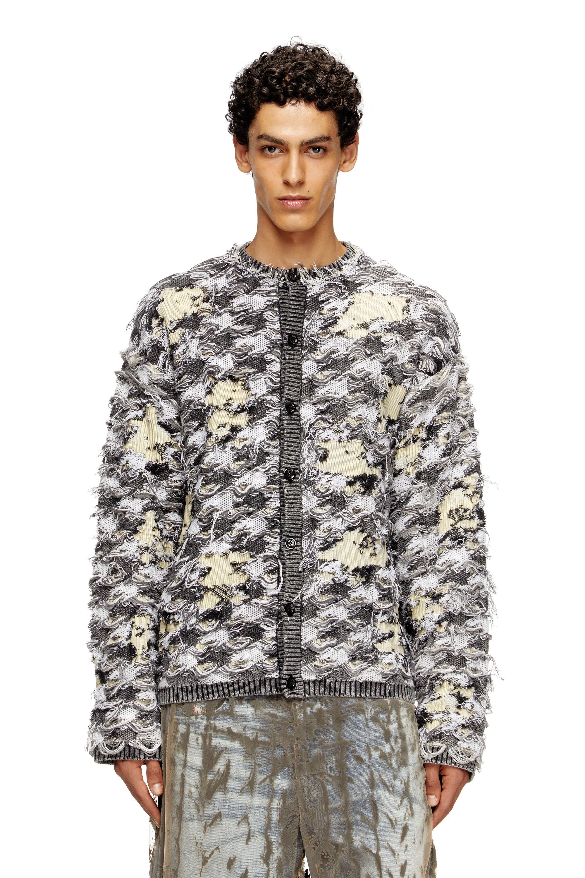 Diesel - K-VALBOR, Man's Cardigan in devoré houndstooth jacquard in Grey/White - 1