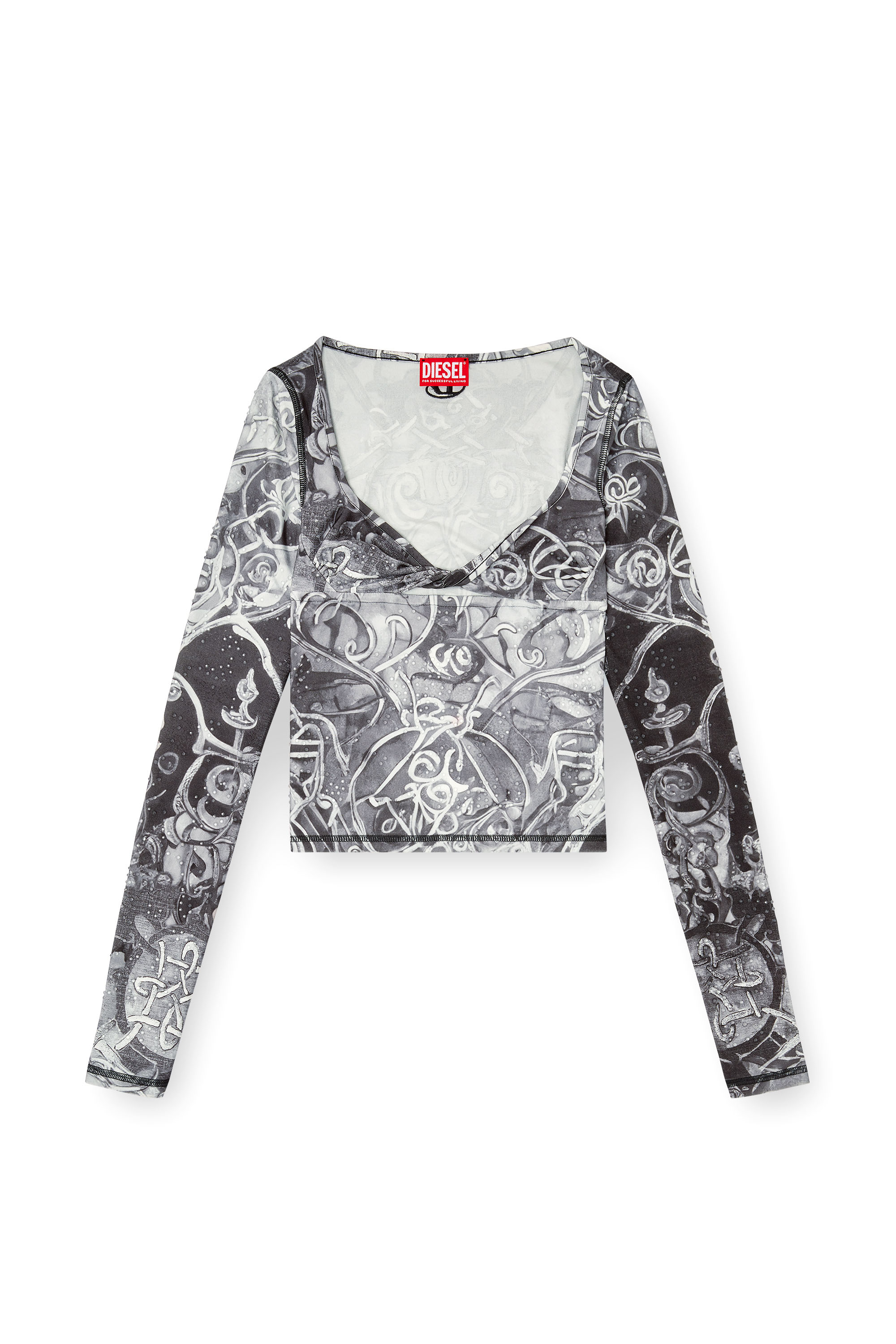 Diesel - T-ANTICA-LS, Woman's Printed top with crystal droplets in Grey - 3
