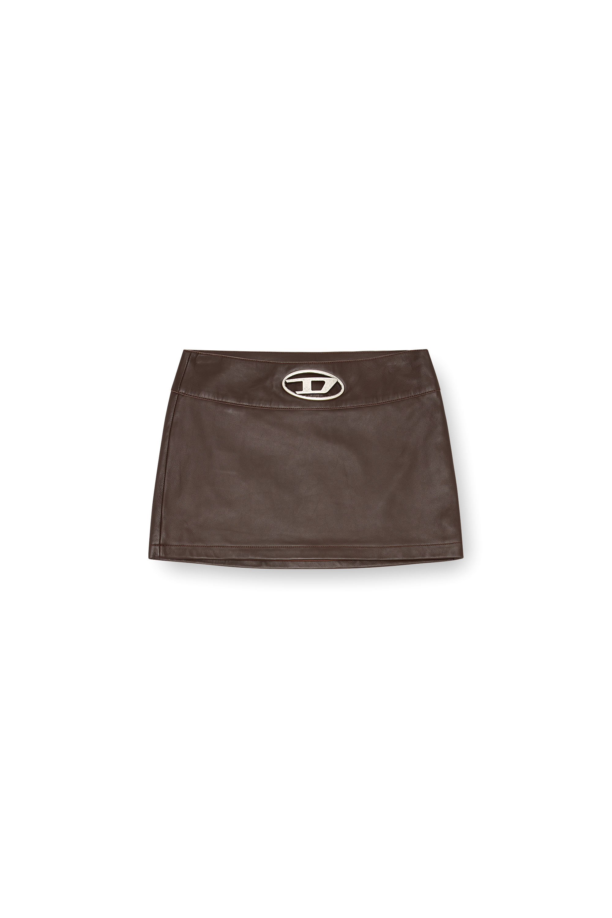 Diesel - L-DIXY, Woman's Leather mini skirt with metal logo in Brown - 5