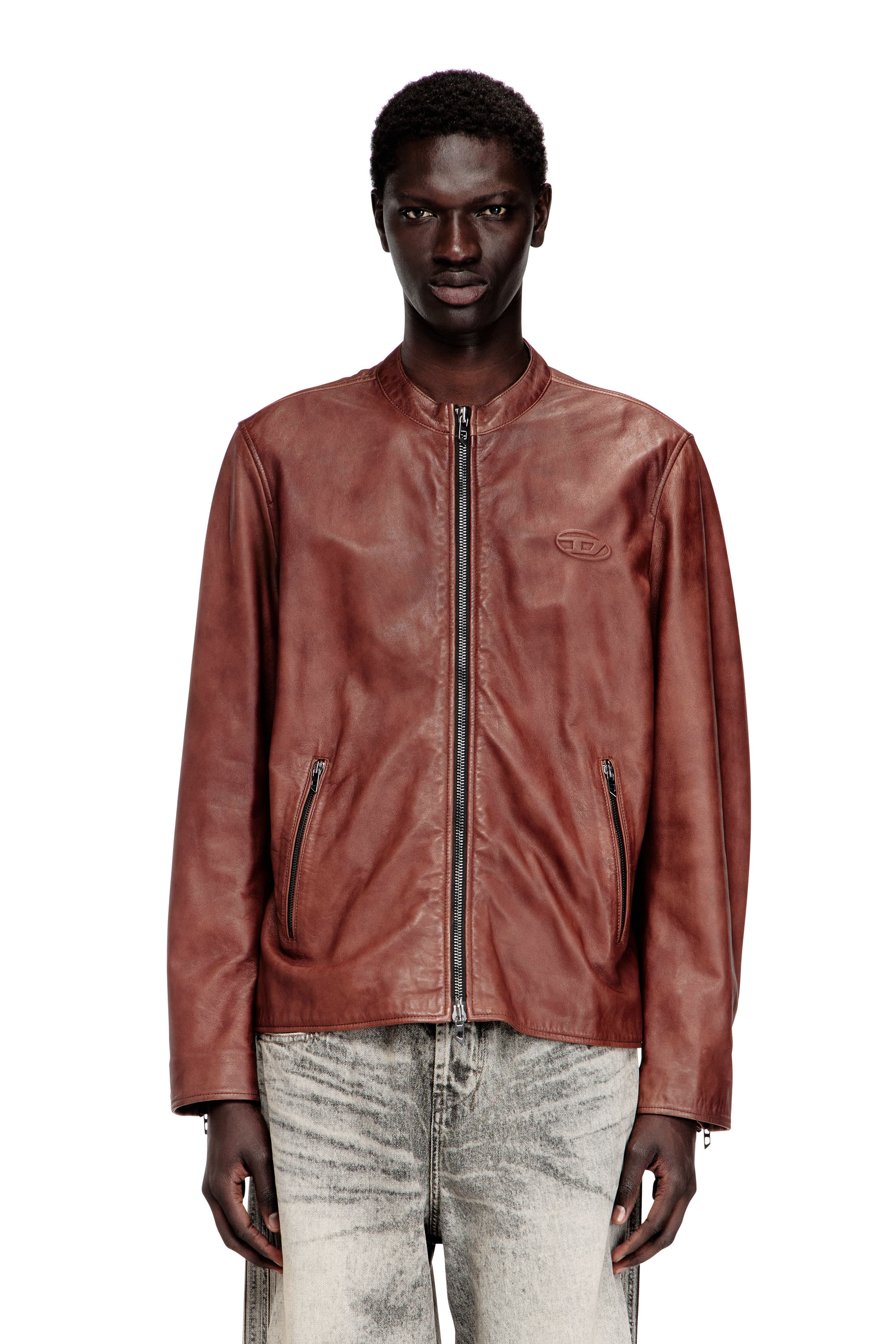 Diesel - L-TAD-BKBX, Man's Leather biker jacket with archival logo in Brown - 1