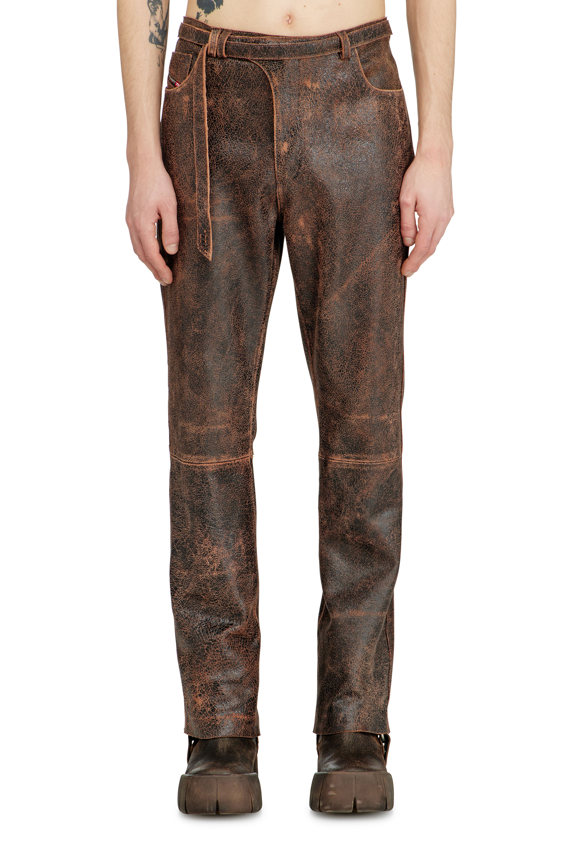 Diesel - P-NURI, Man's Cracked-leather pants with biker strap detail in null - 1