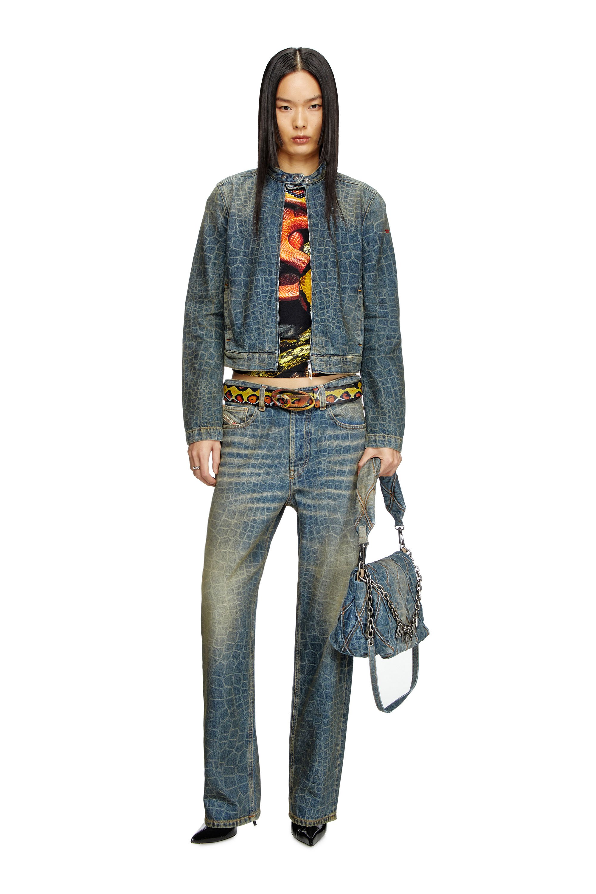 Diesel - CL-DE-MORNIN-SNAKE, Woman's Moto jacket in snake-print denim in Dark Blue - 2