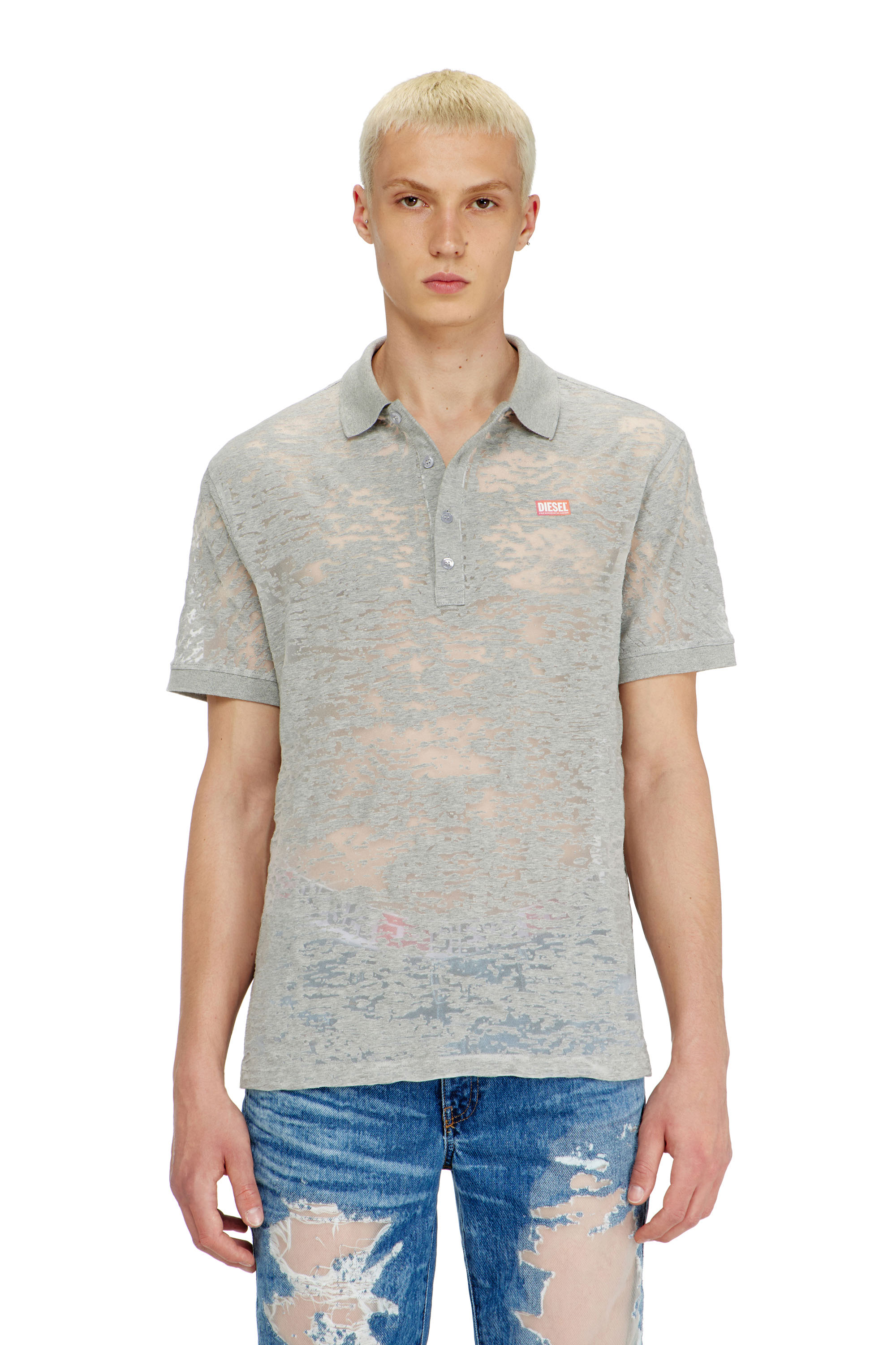 Diesel - PR-T-REJUST, Man's Polo shirt in all-over devor&eacute; jersey in Light Grey - 1