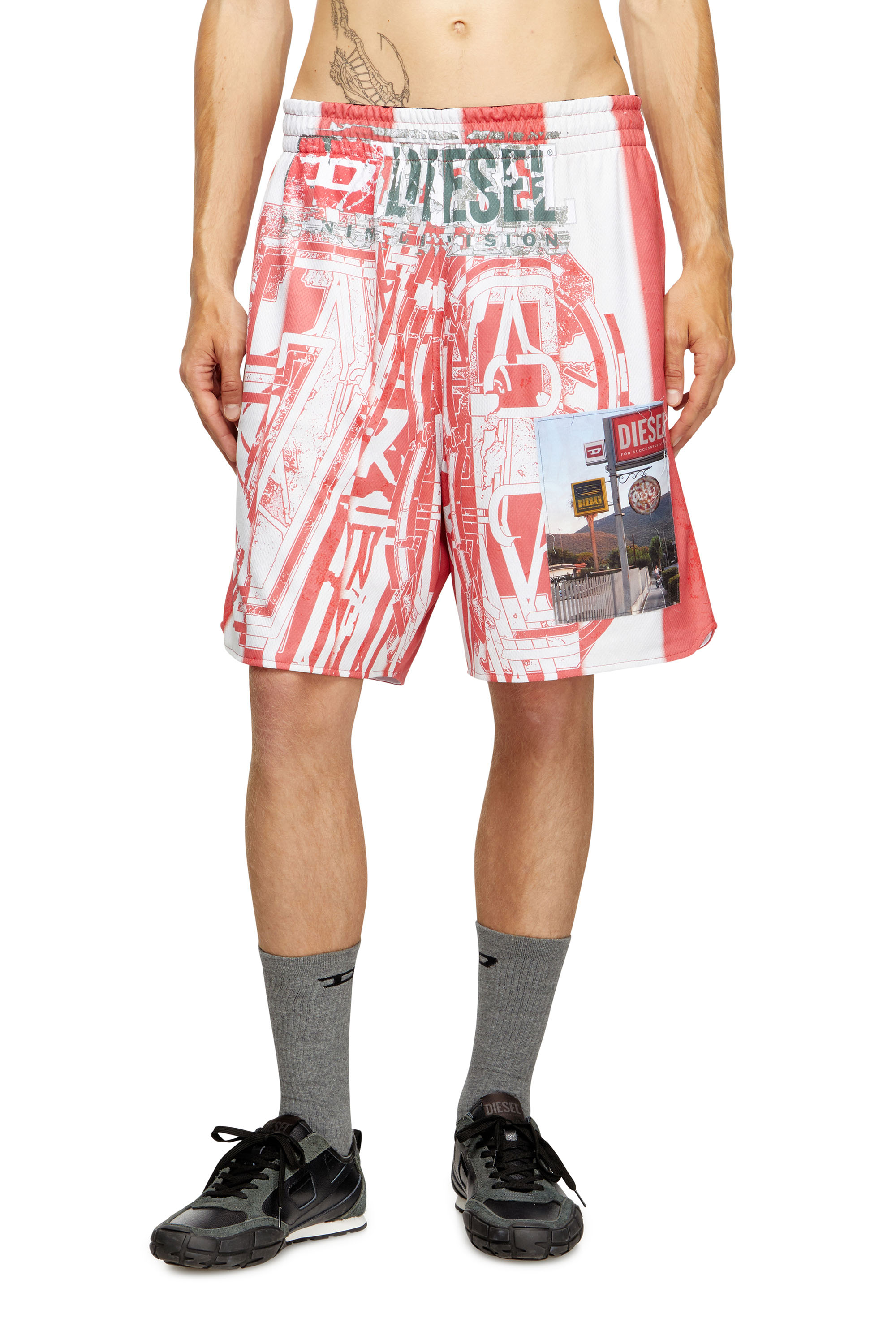 P-KURT, Red/White Diesel - P-KURT, Man's Striped shorts with photo patches in Red/White - 3