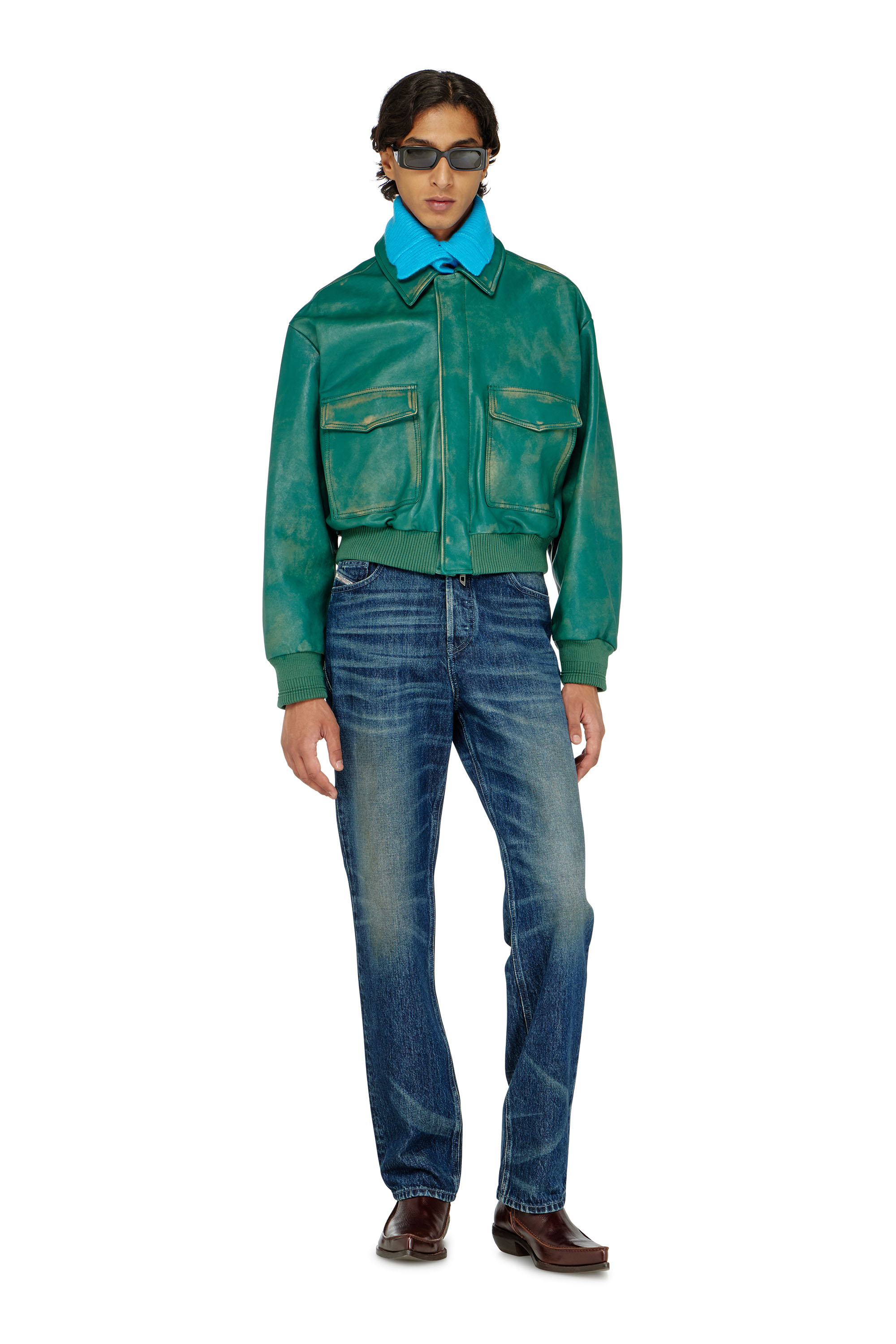 Diesel - L-UMAN, Man's Aviator jacket in treated leather in Green - 1