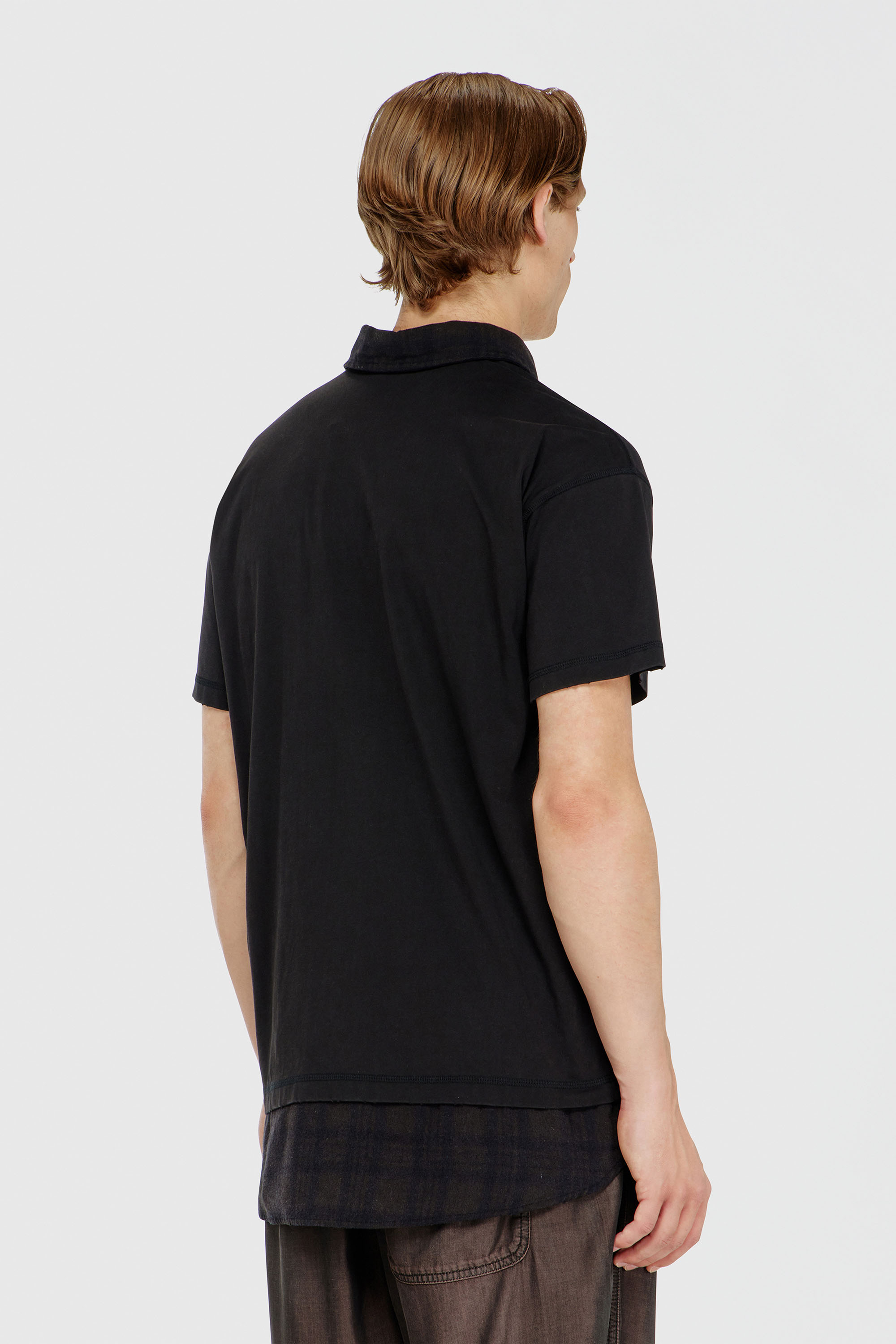 Diesel - T-ANSEL, Man's Jersey polo shirt with check flannel trims in Black - 4