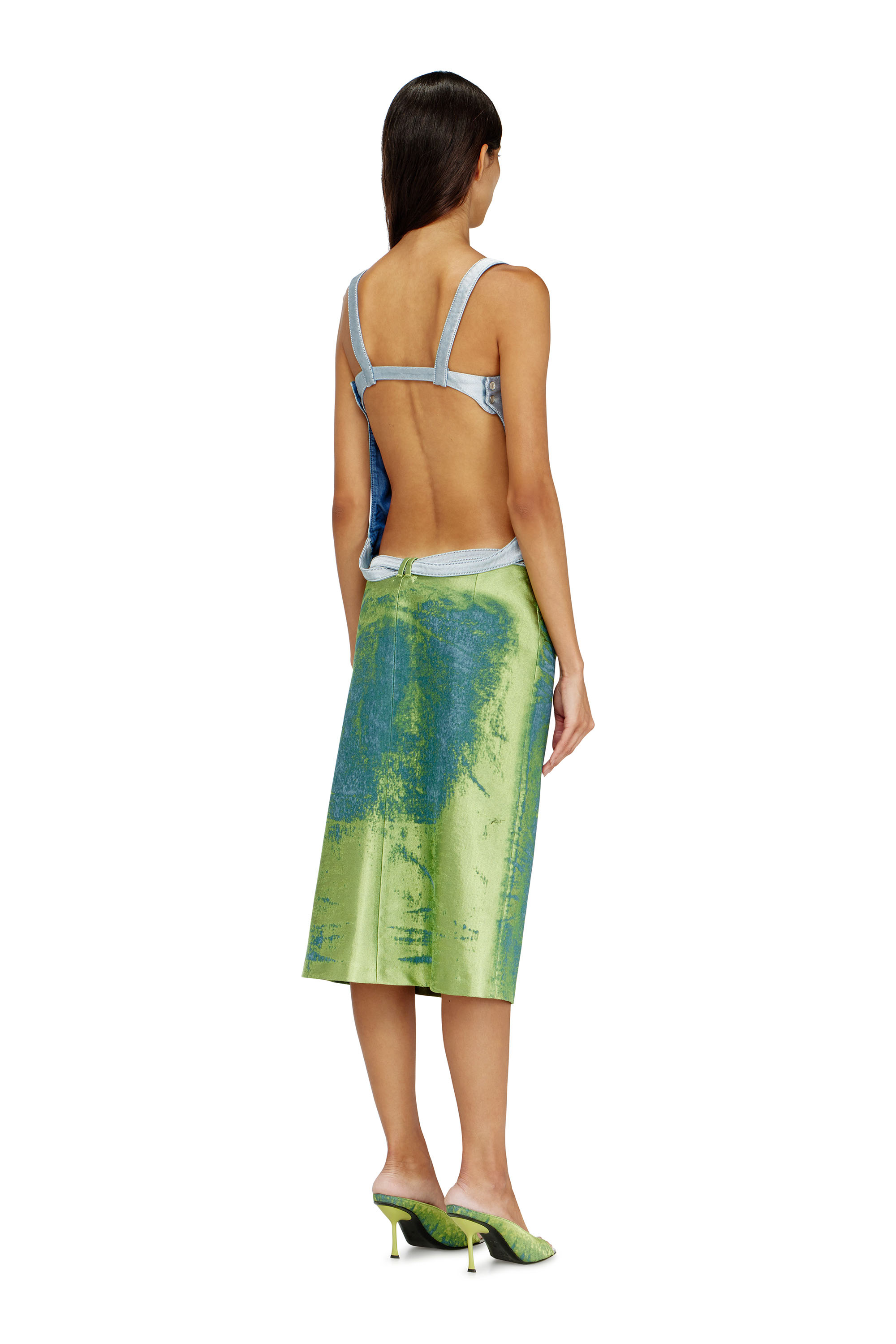Diesel - DE-SANAT-FSI, Woman's Open-back apron dress in coloured satin denim in Blue/Green - 4