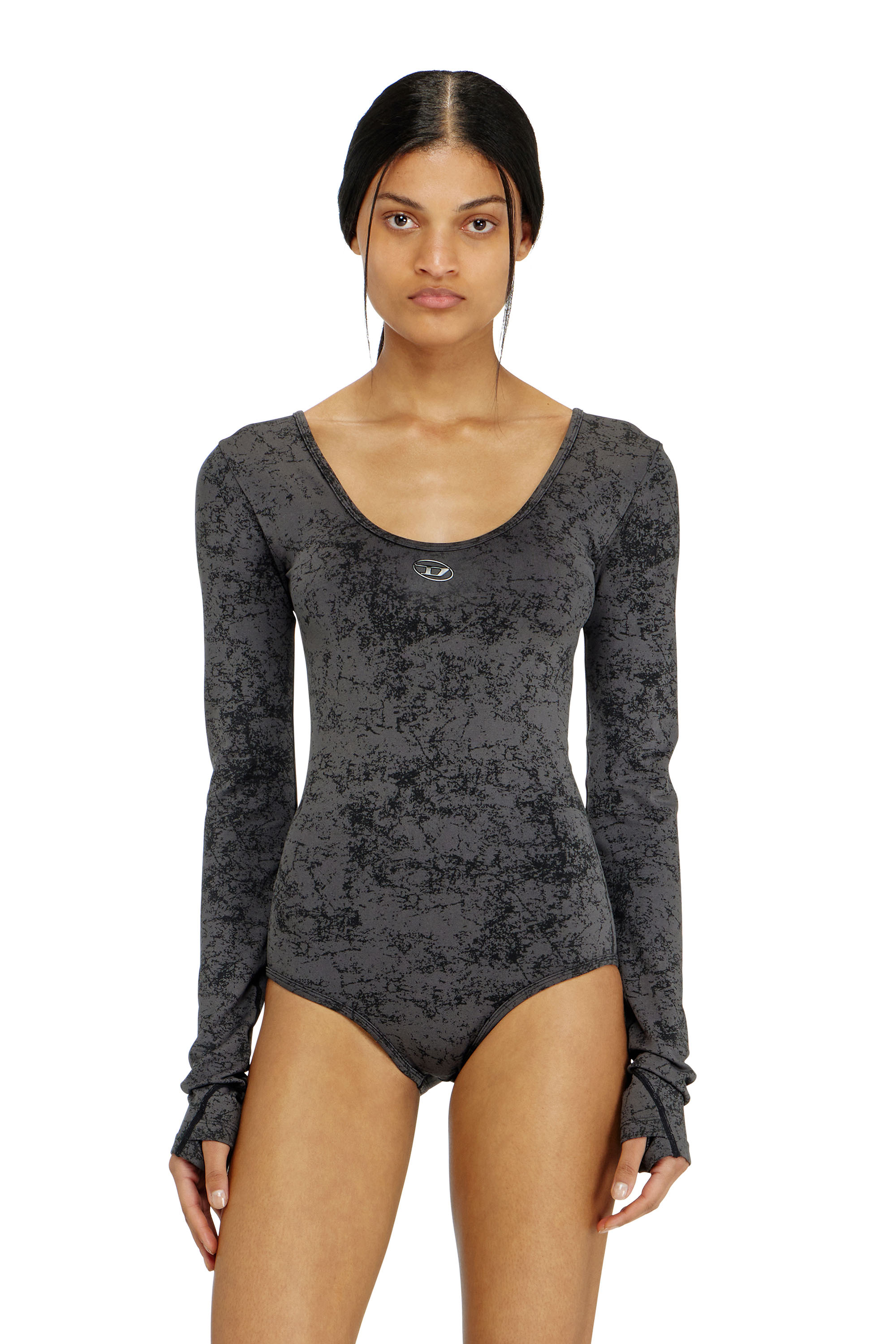 Diesel - IONNA-UTLT, Woman's Open-back bodysuit with utilitarian print in Black - 1