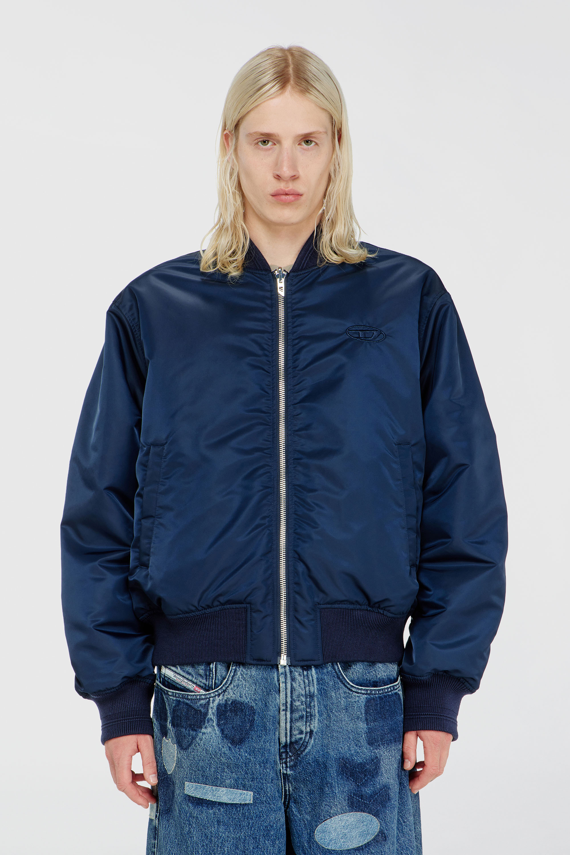 Men's Padded bomber jacket with Oval D embroidery | Blue | Diesel SI