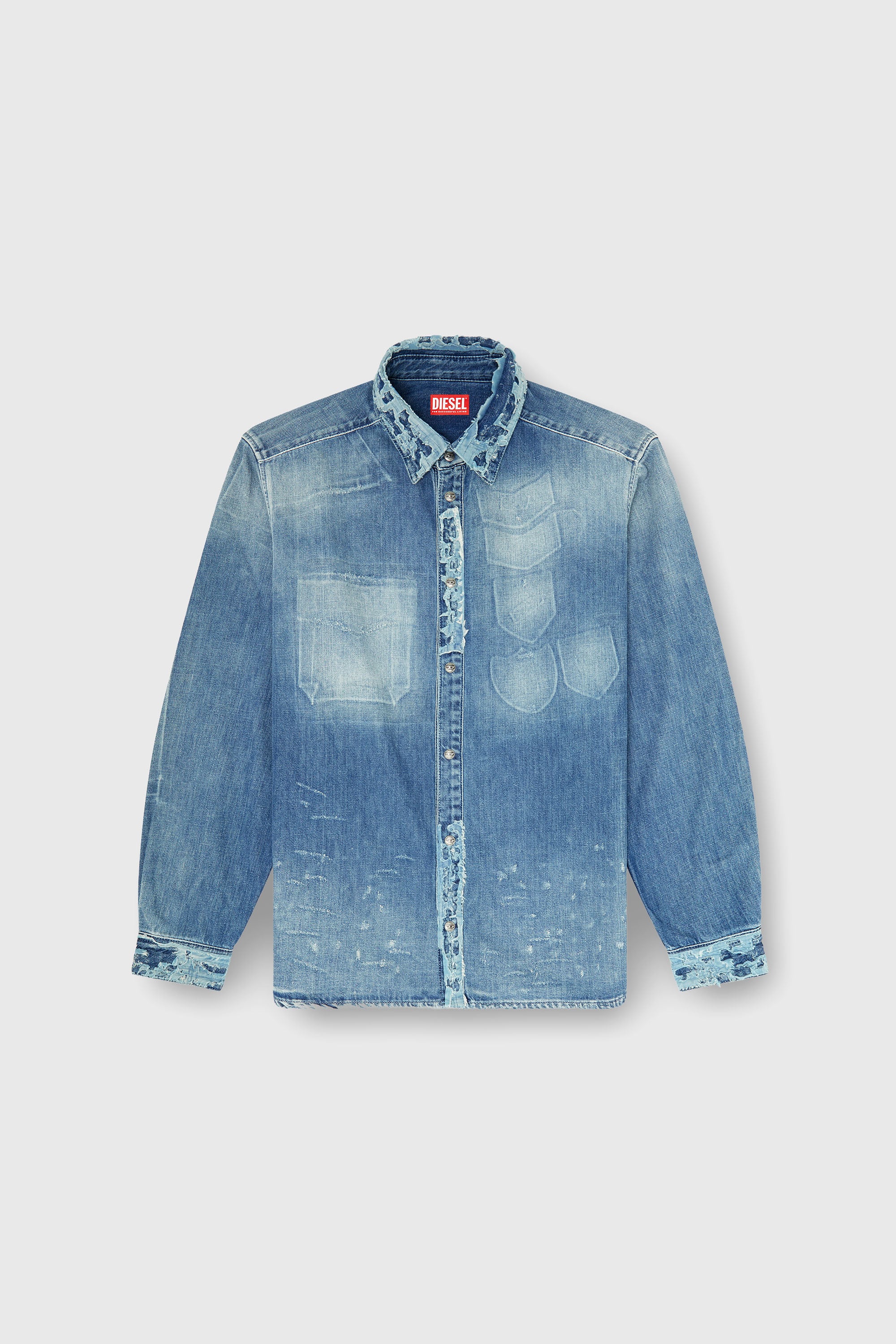 Diesel - D-SIMPLY, Man's Shirt in distressed patch-effect denim in Medium blue - 2