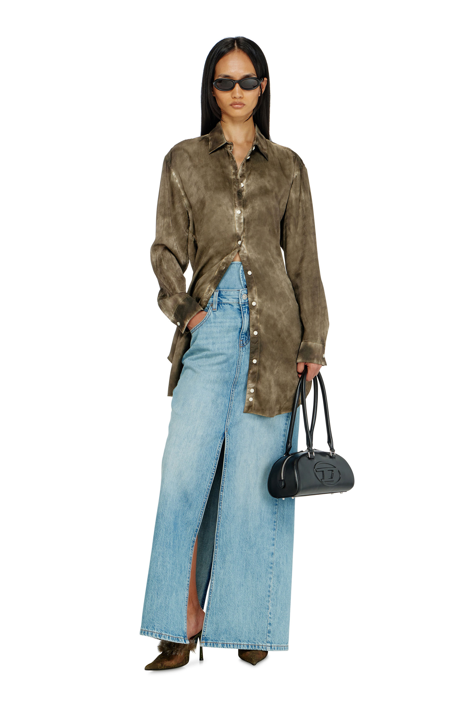 Diesel - C-LAVEL, Woman's Long shirt in logo-jacquard crinkled satin in Military Green - 2