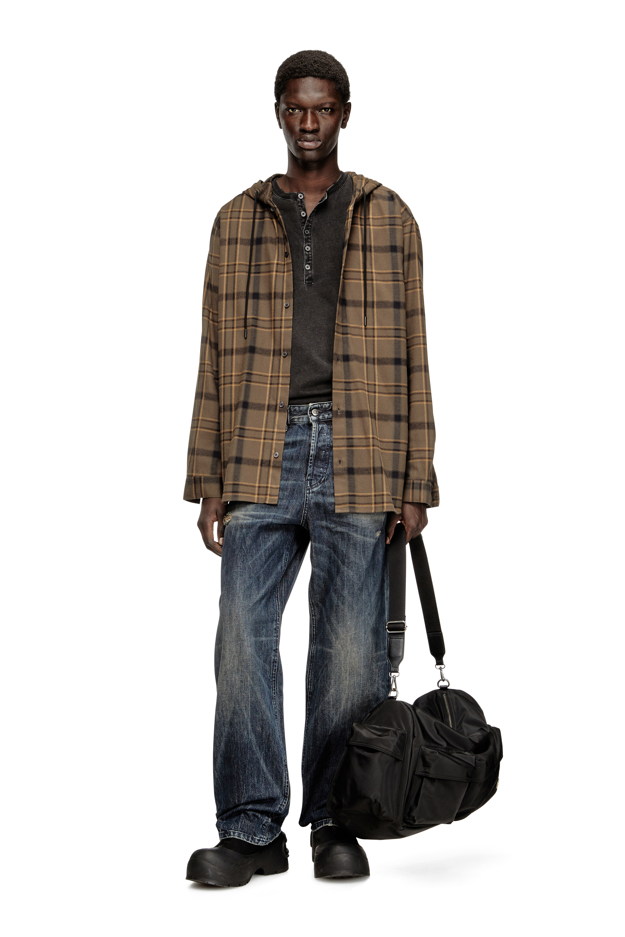 Diesel - S-IX, Man's Hooded shirt in check flannel with logo in Beige/Brown - 1