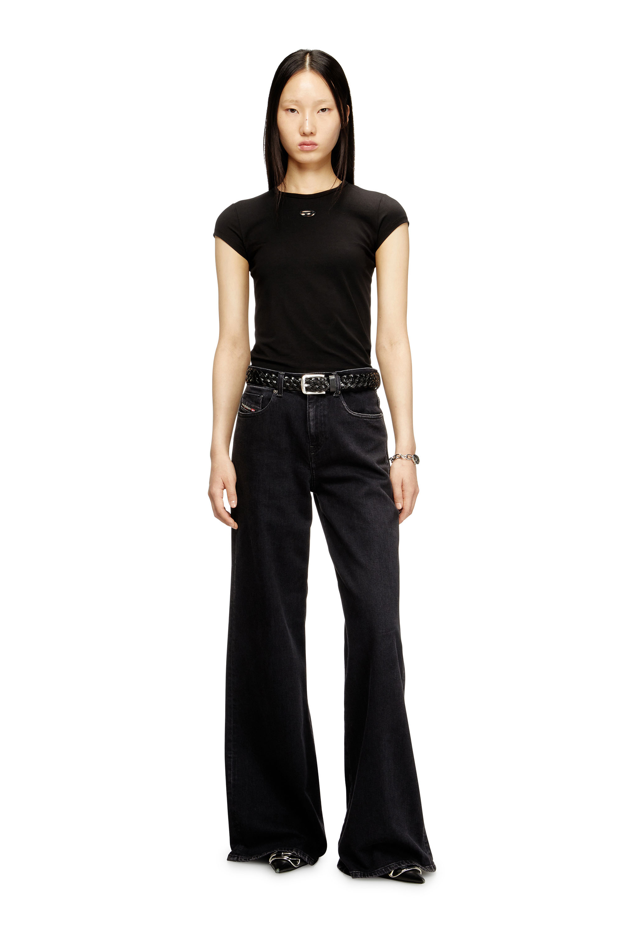 Diesel - T-ANGIE-OD, Woman's T-shirt with cut-out embroidered logo in Black - 1