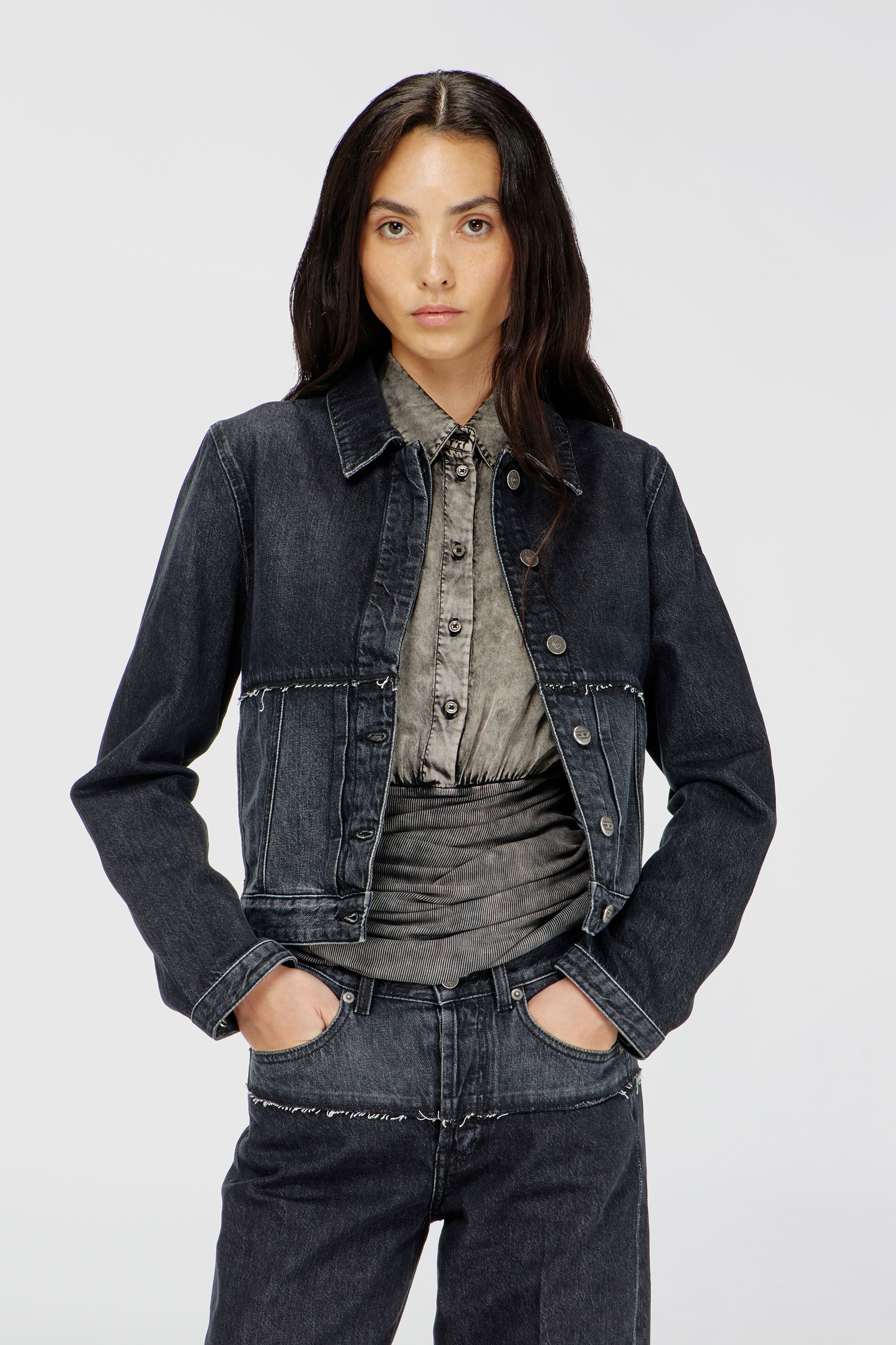 Diesel - DE-KATO-SE, Woman's Jacket in sectioned denim in Black/Dark grey - 1