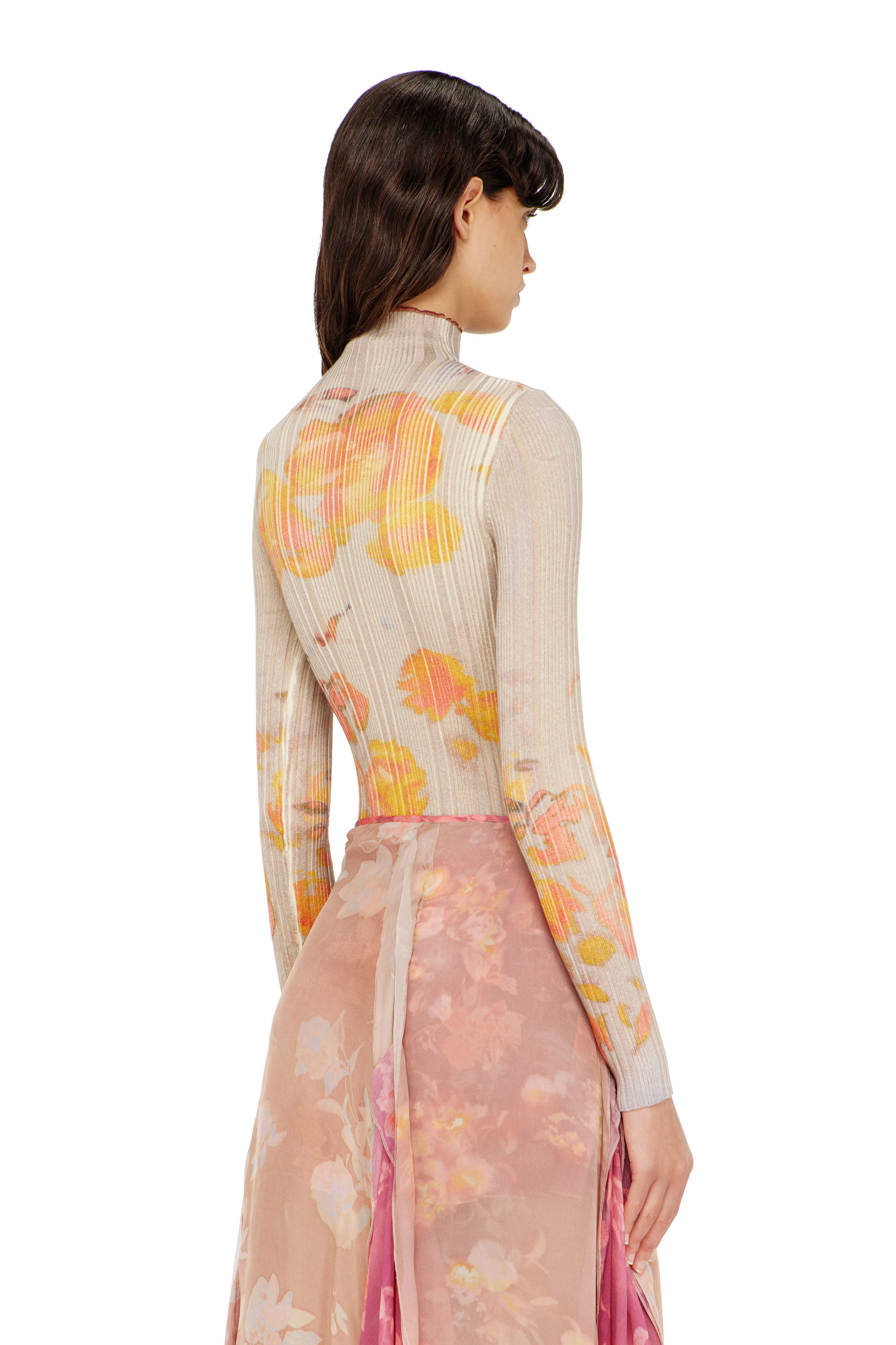 Diesel - M-IORIA, Woman's Ribbed wool turtleneck top with floral print in Yellow/Beige - 4