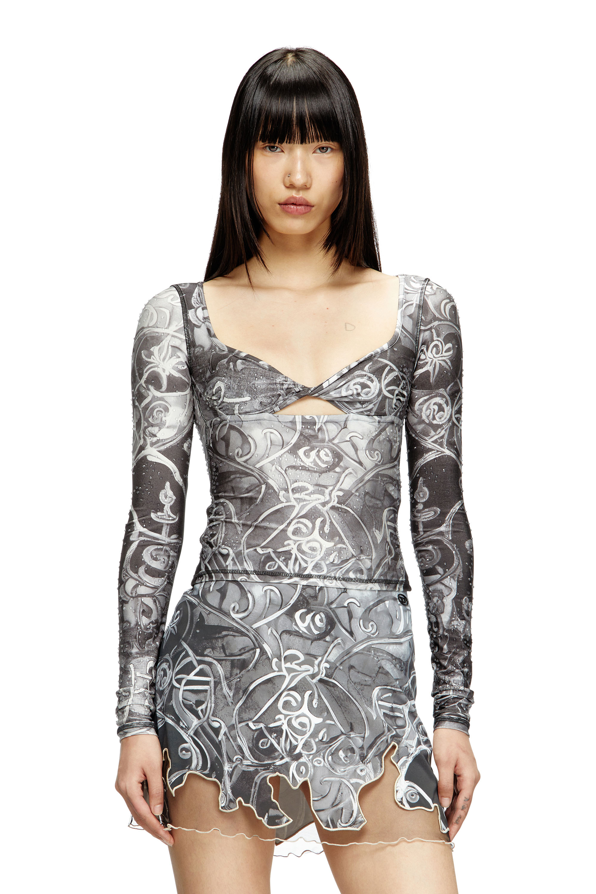 Diesel - T-ANTICA-LS, Woman's Printed top with crystal droplets in Grey - 1