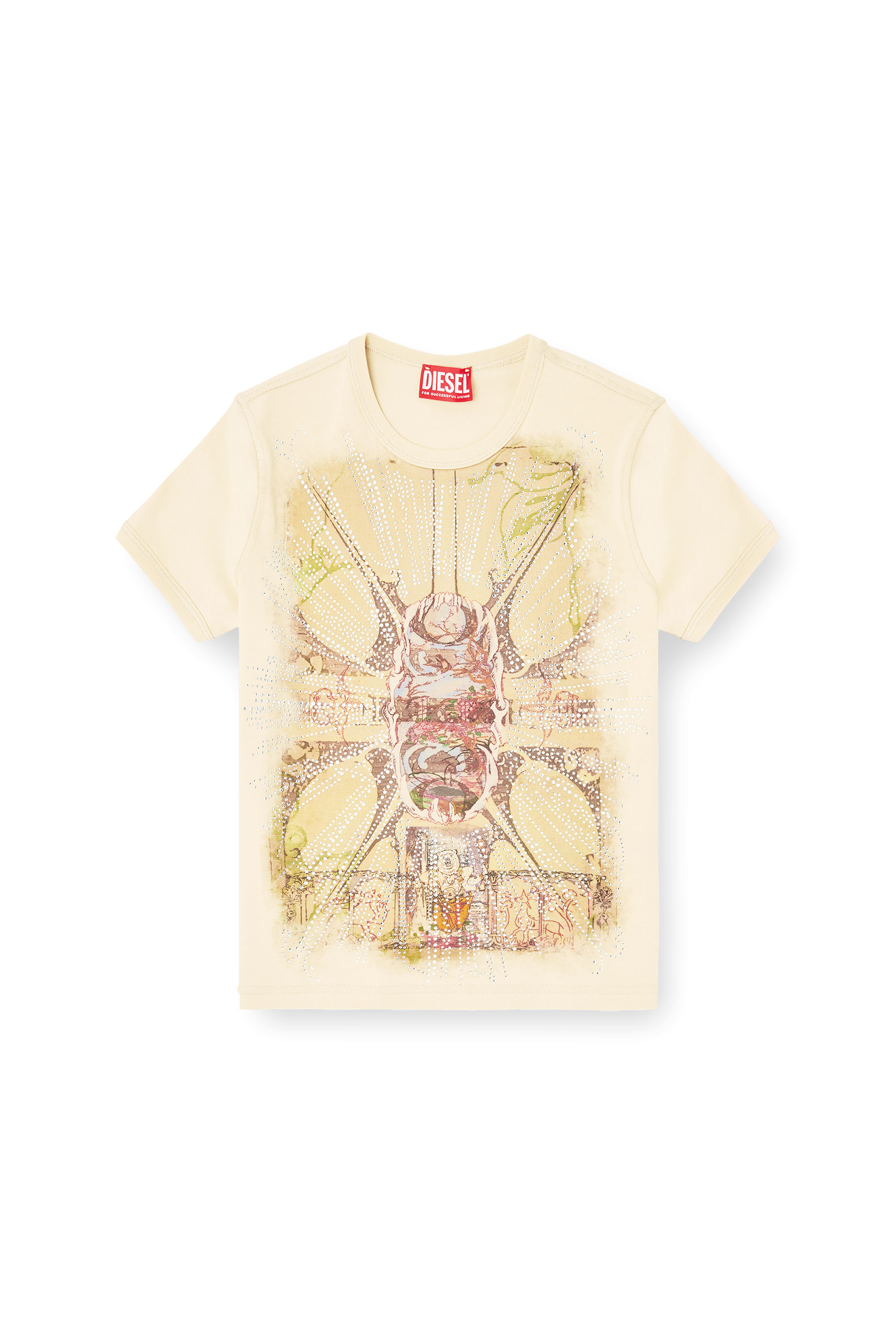 Diesel - T-UNCUTIES-LONG-R14, Woman's T-shirt with rhinestone graphic in Light Brown - 3