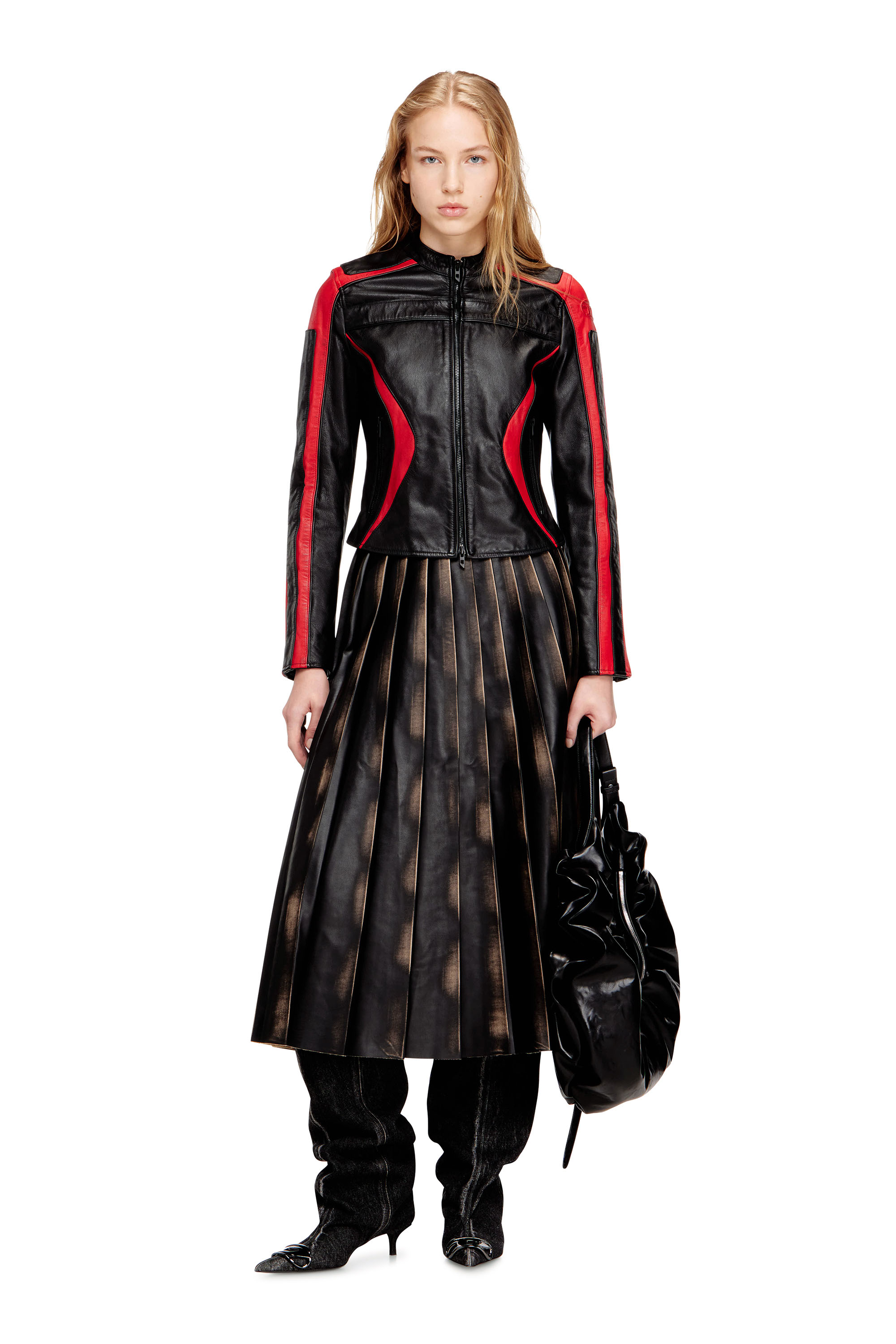 Diesel - L-OVABLE, Woman's Biker jacket in colour-block leather in Black/Red - 2