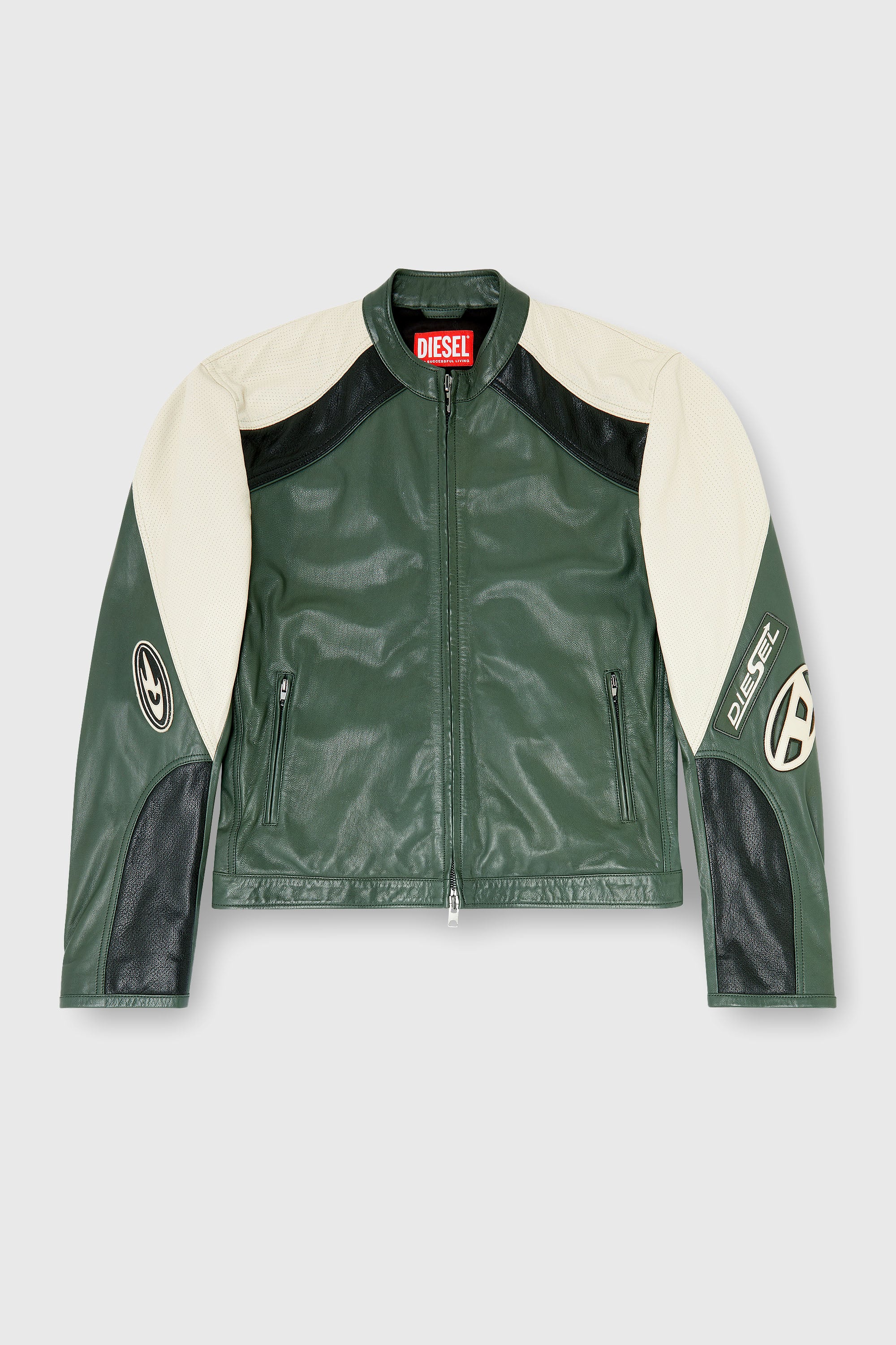 Diesel - L-AHTI, Man's Biker jacket in colour-block perforated leather in Beige/Black - 1