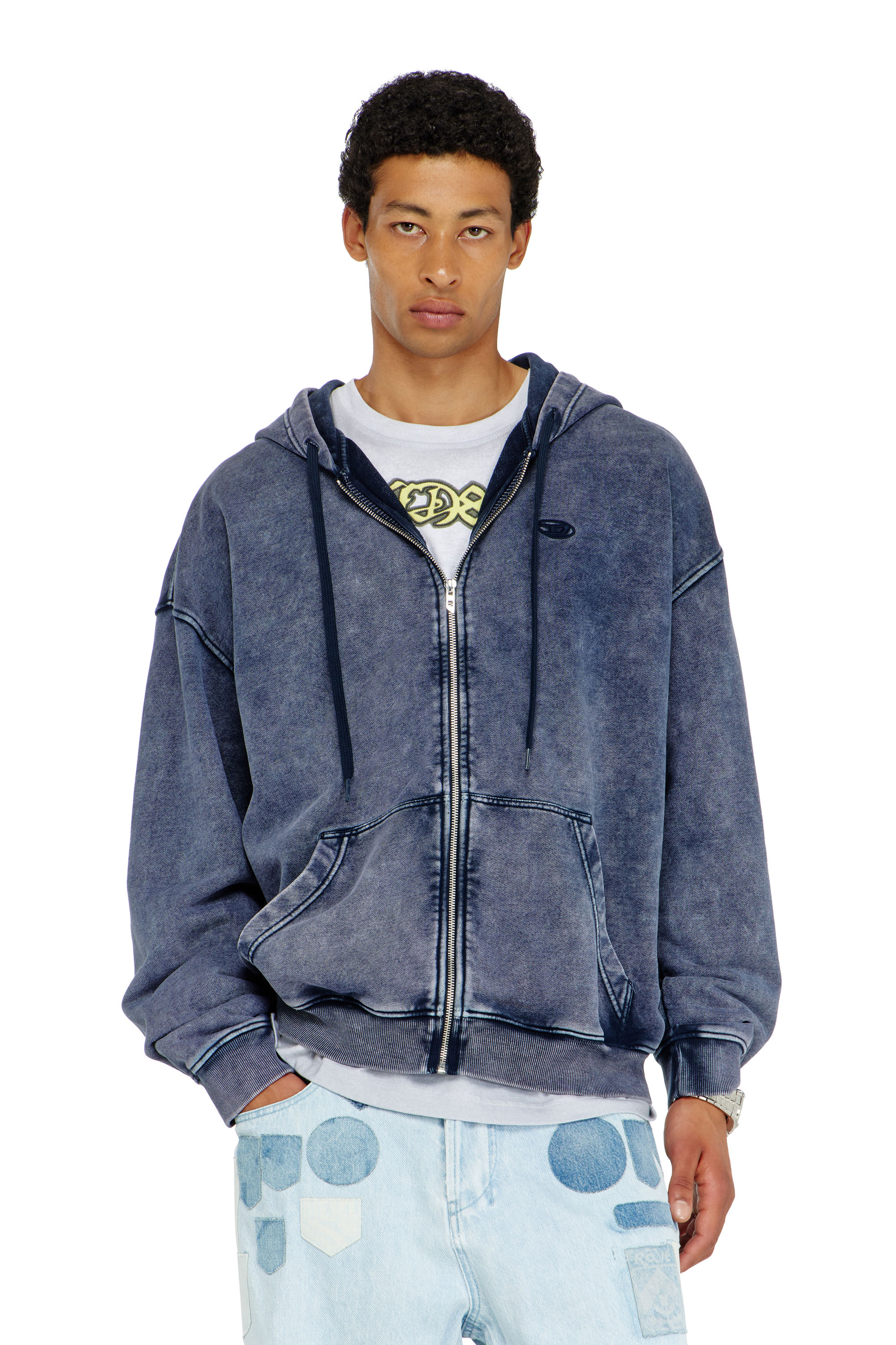 Diesel - S-BOXT-HOOD-ZIP-DEN, Man's Zip-up hoodie in treated cotton fleece in Blue - 1