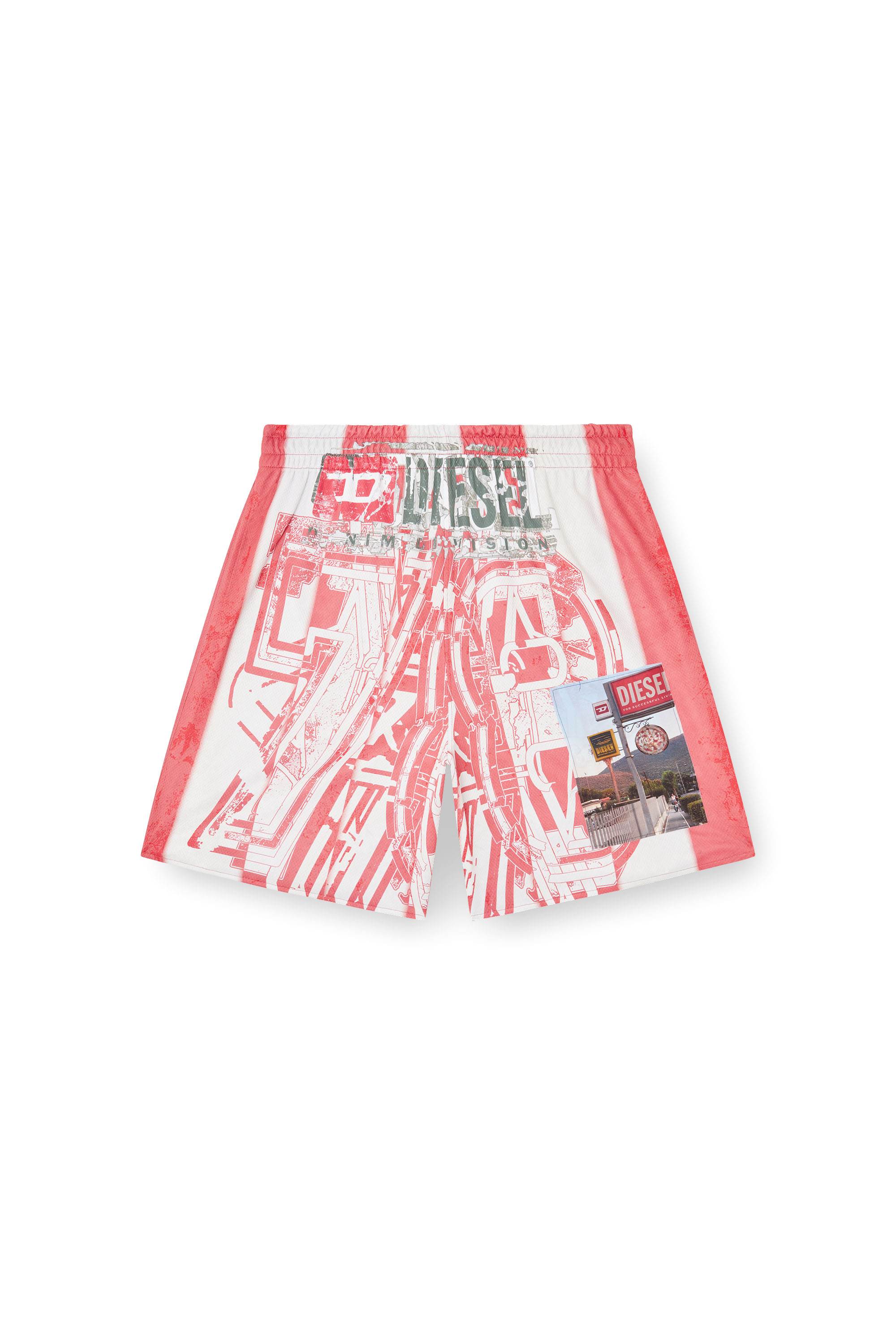 P-KURT, Red/White Diesel - P-KURT, Man's Striped shorts with photo patches in Red/White - 2