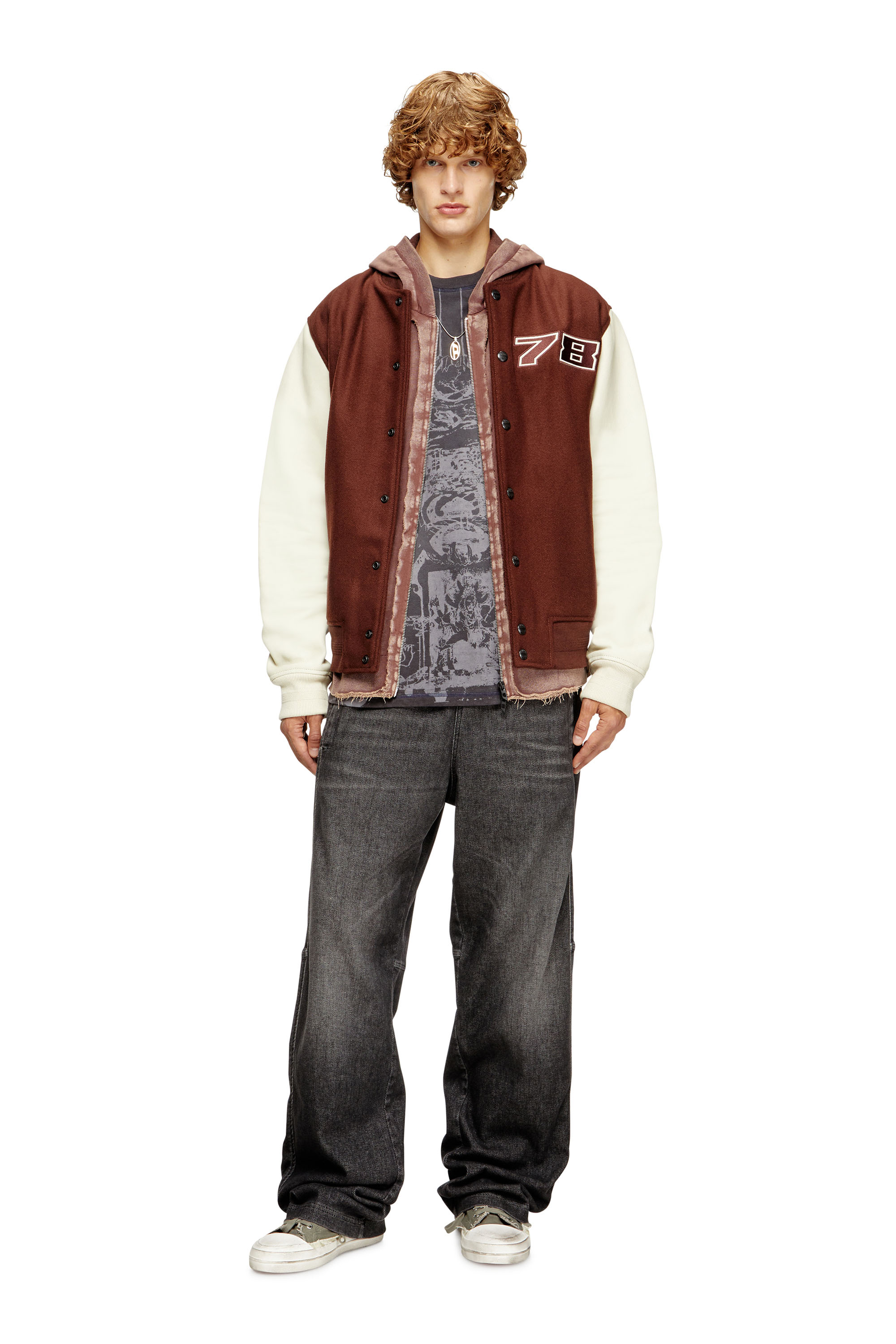 Diesel - L-KOPF, Man's Padded bomber jacket in wool and leather in Brown - 1