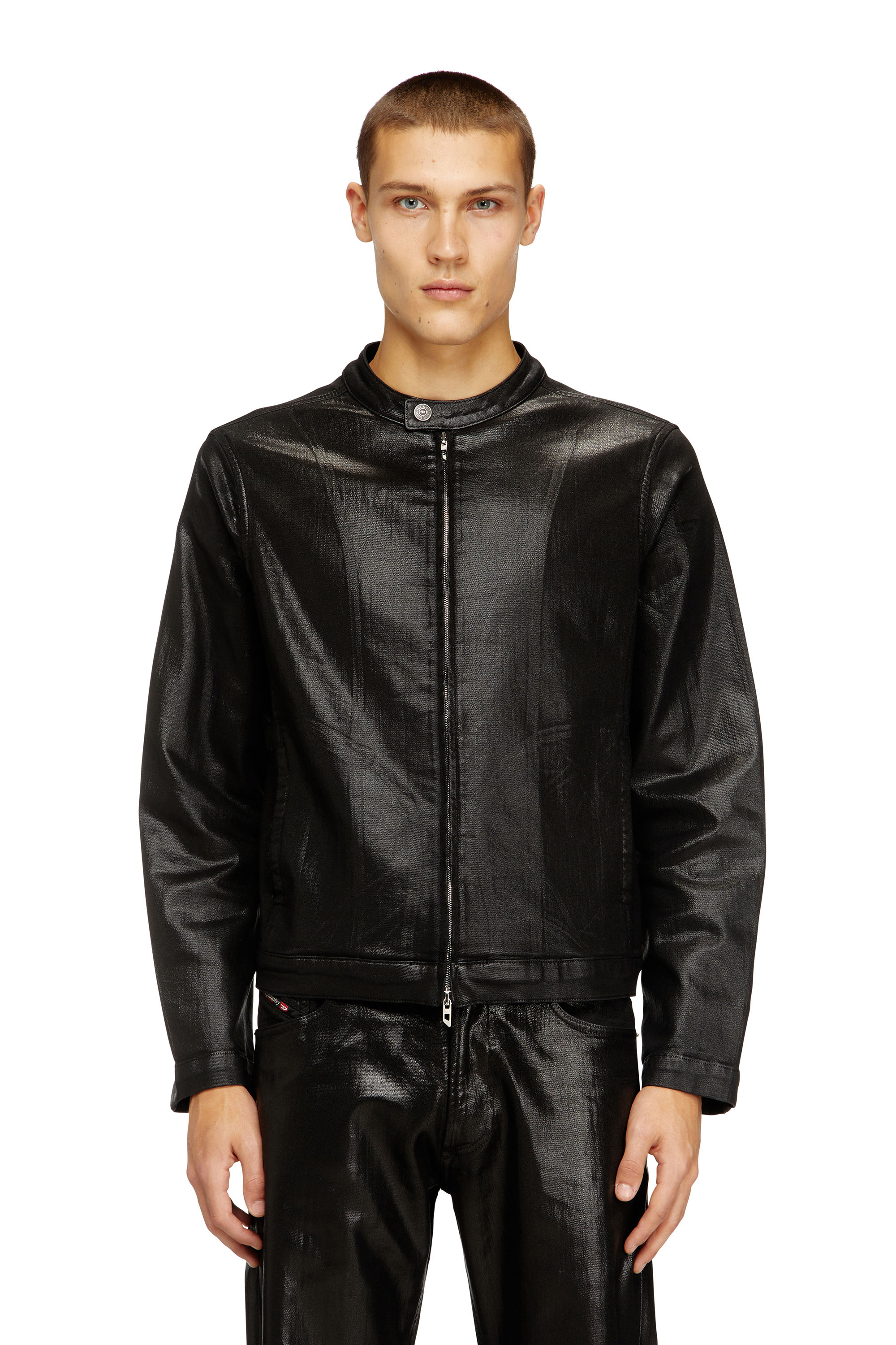 Diesel - D-GLORY JOGG, Man's Moto jacket in shiny coated JoggJeans in Black - 3