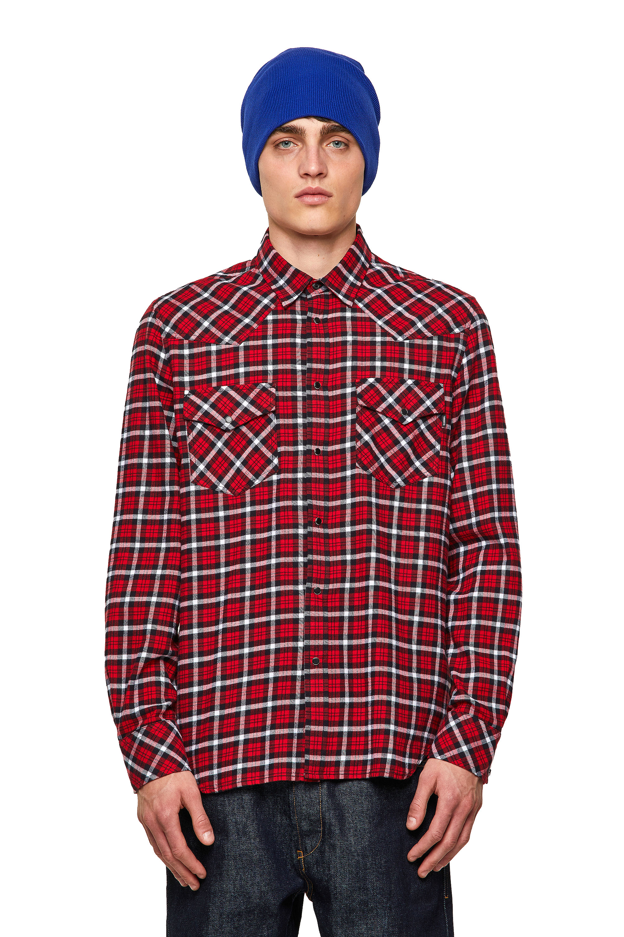 S-EAST-LONG-CHK-B, Red/Black - Shirts
