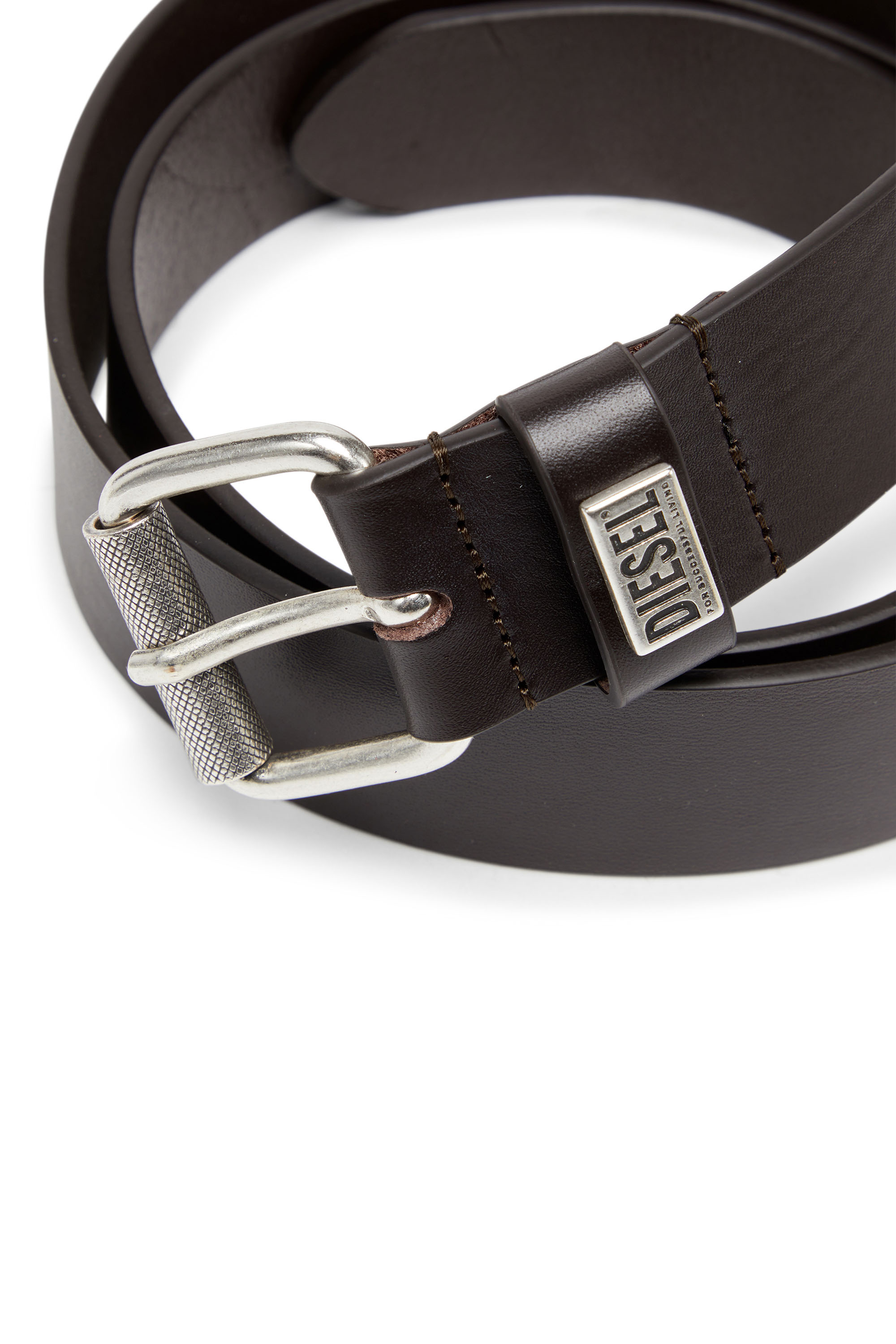 Diesel - B-BISCOTTO-LOOP, Man's 3.5cm leather belt with logo plaque in Dark Brown - 3