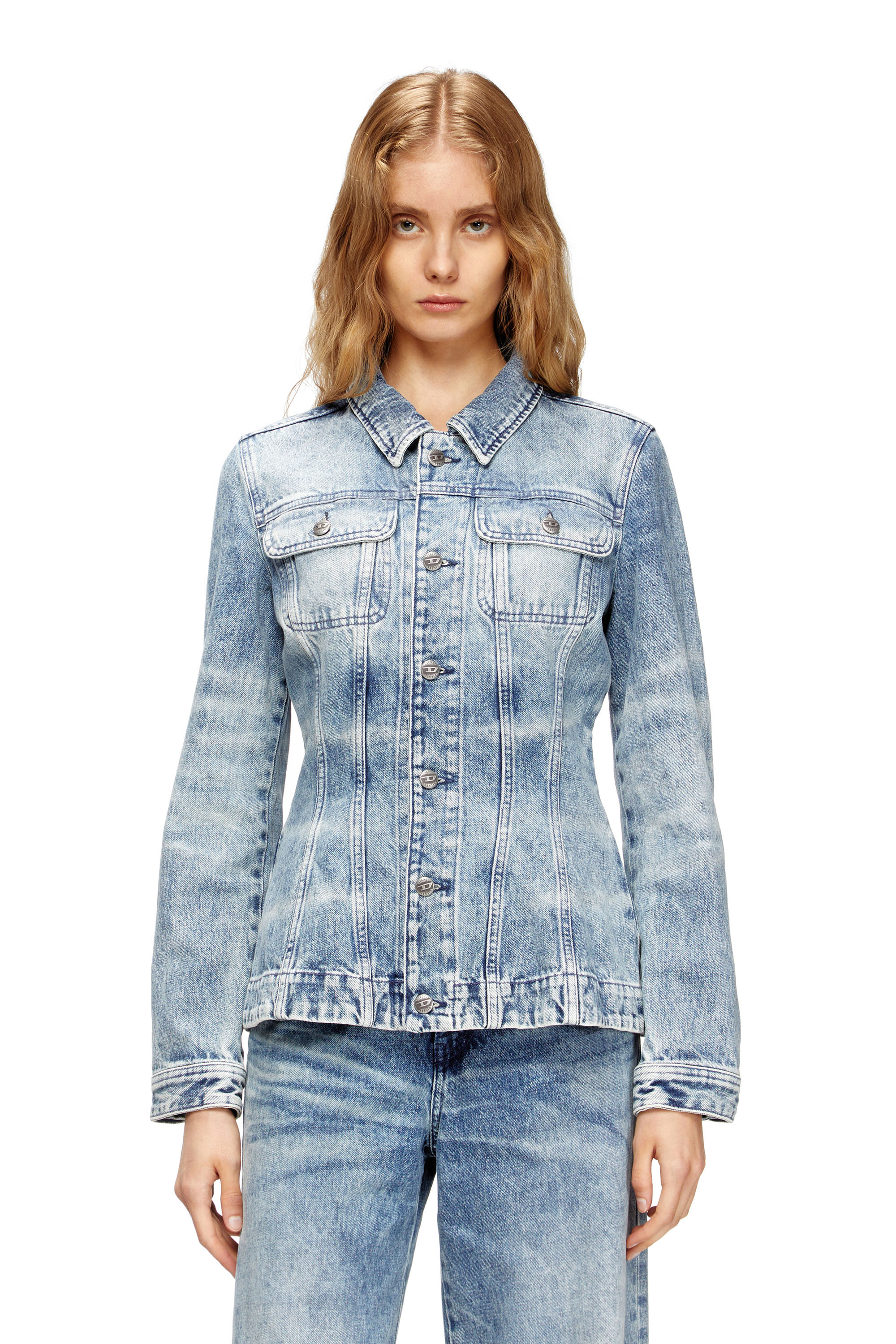 Diesel - DE-KATERIN-FSH, Woman's Fitted jacket in lasered cotton-hemp denim in Light Blue - 3