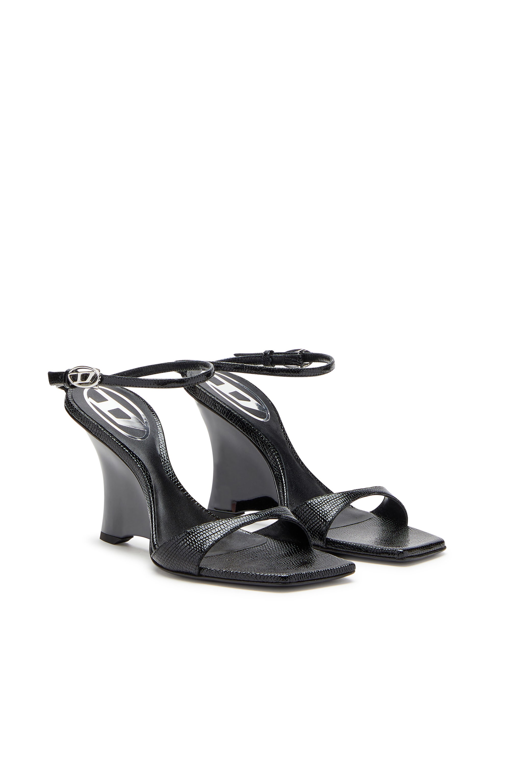 Diesel - D-AMBER SANDAL WEDGE, Woman's D-Amber-Wedge sandals in lizard-effect leather in Black - 3