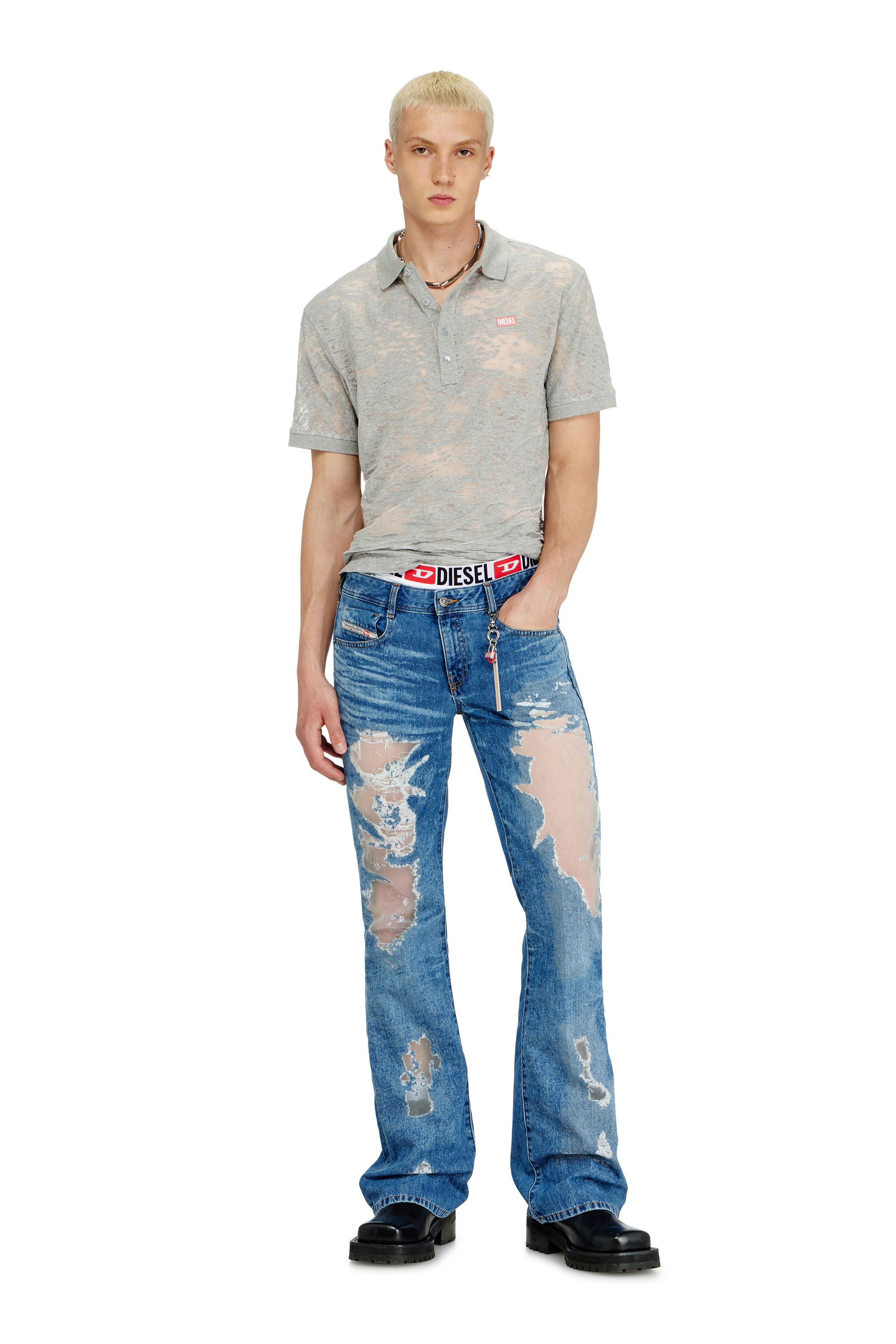 Diesel - PR-T-REJUST, Man's Polo shirt in all-over devor&eacute; jersey in Light Grey - 2