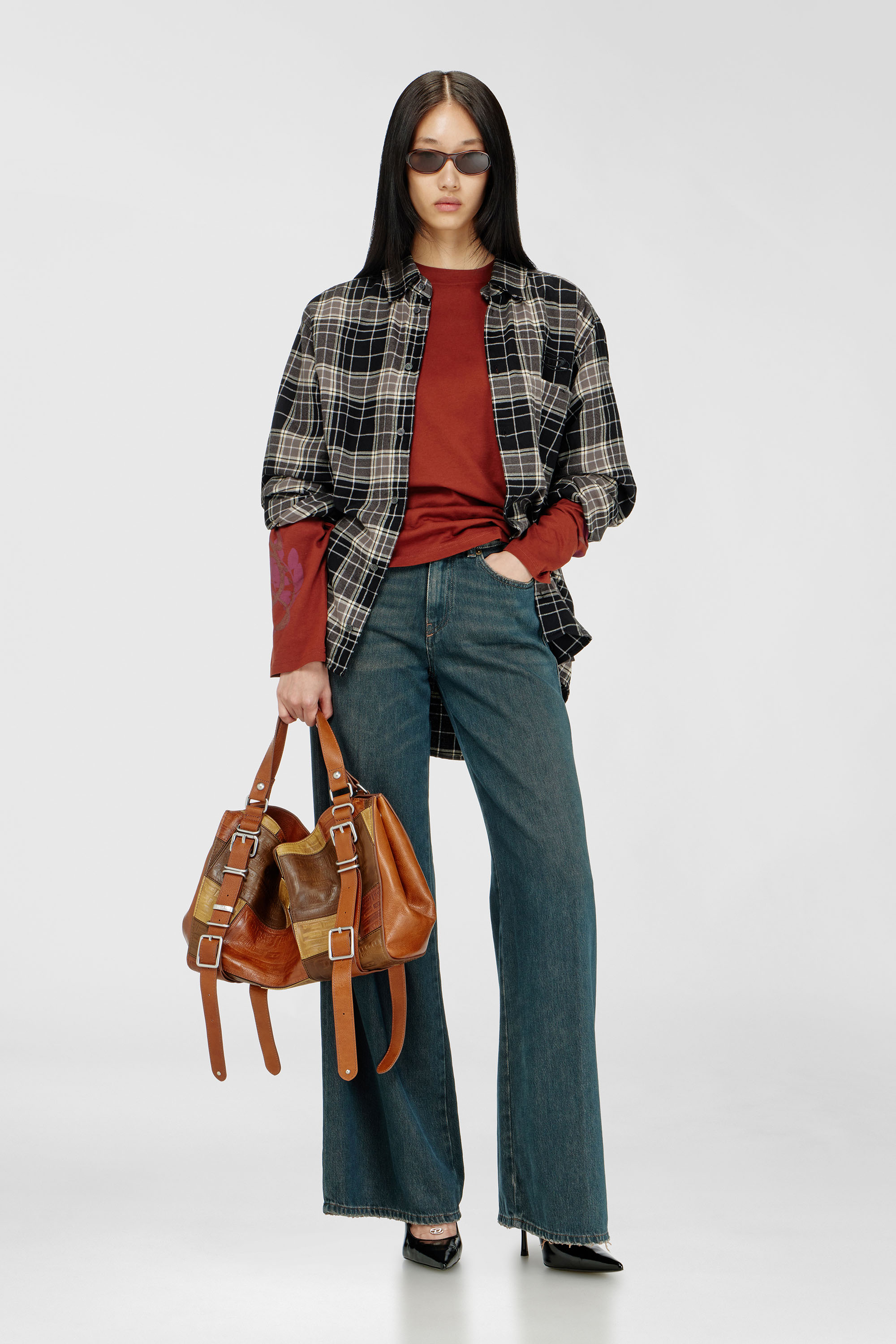Diesel - D-ONE TOPHANDLE M, Unisex's D-One-Medium top-handle bag in patchwork leather in Brown - 1