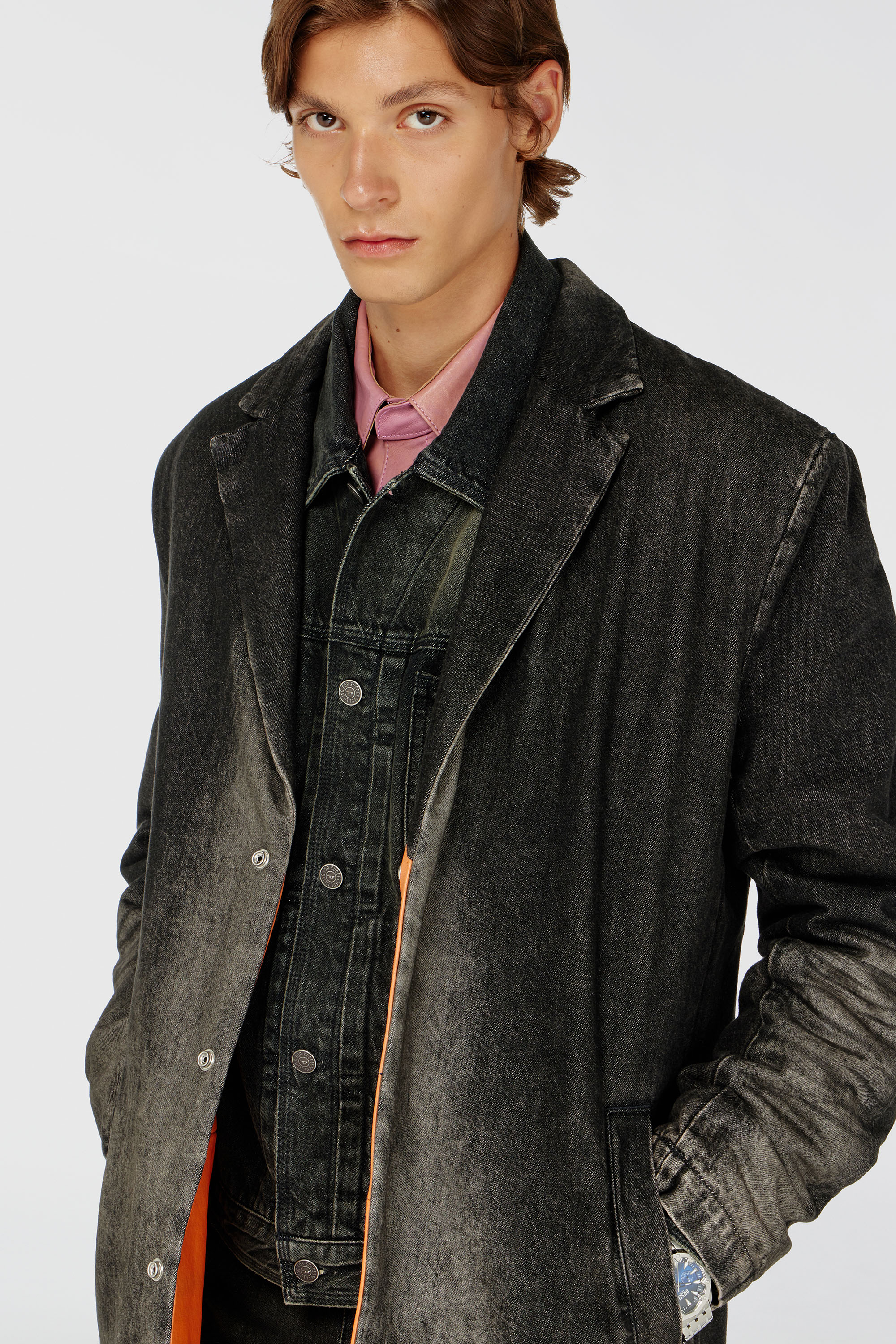 Women's Long coat in dirty-effect denim | Black | Diesel {{Country}}