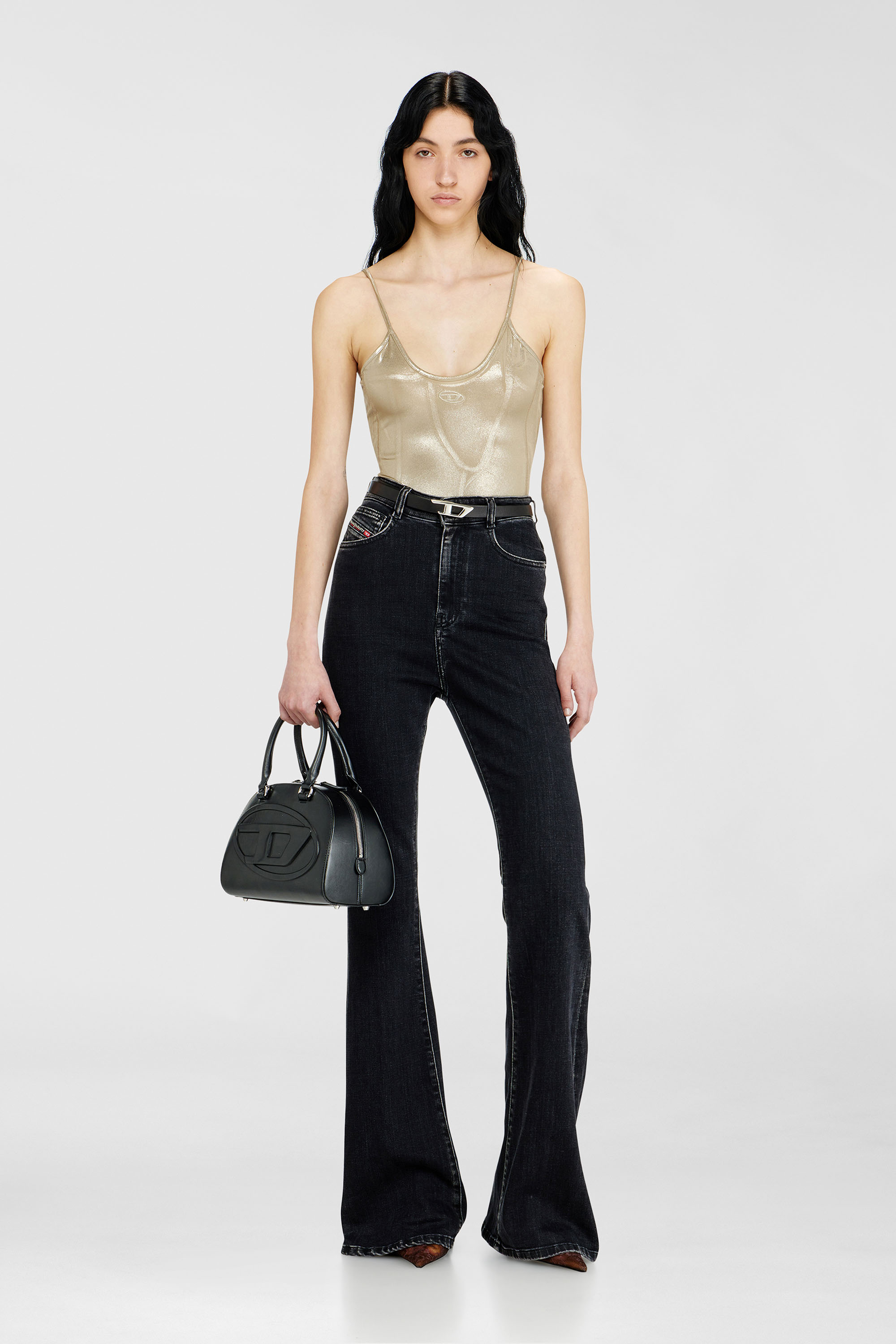 Shiny jersey bodysuit with round neck