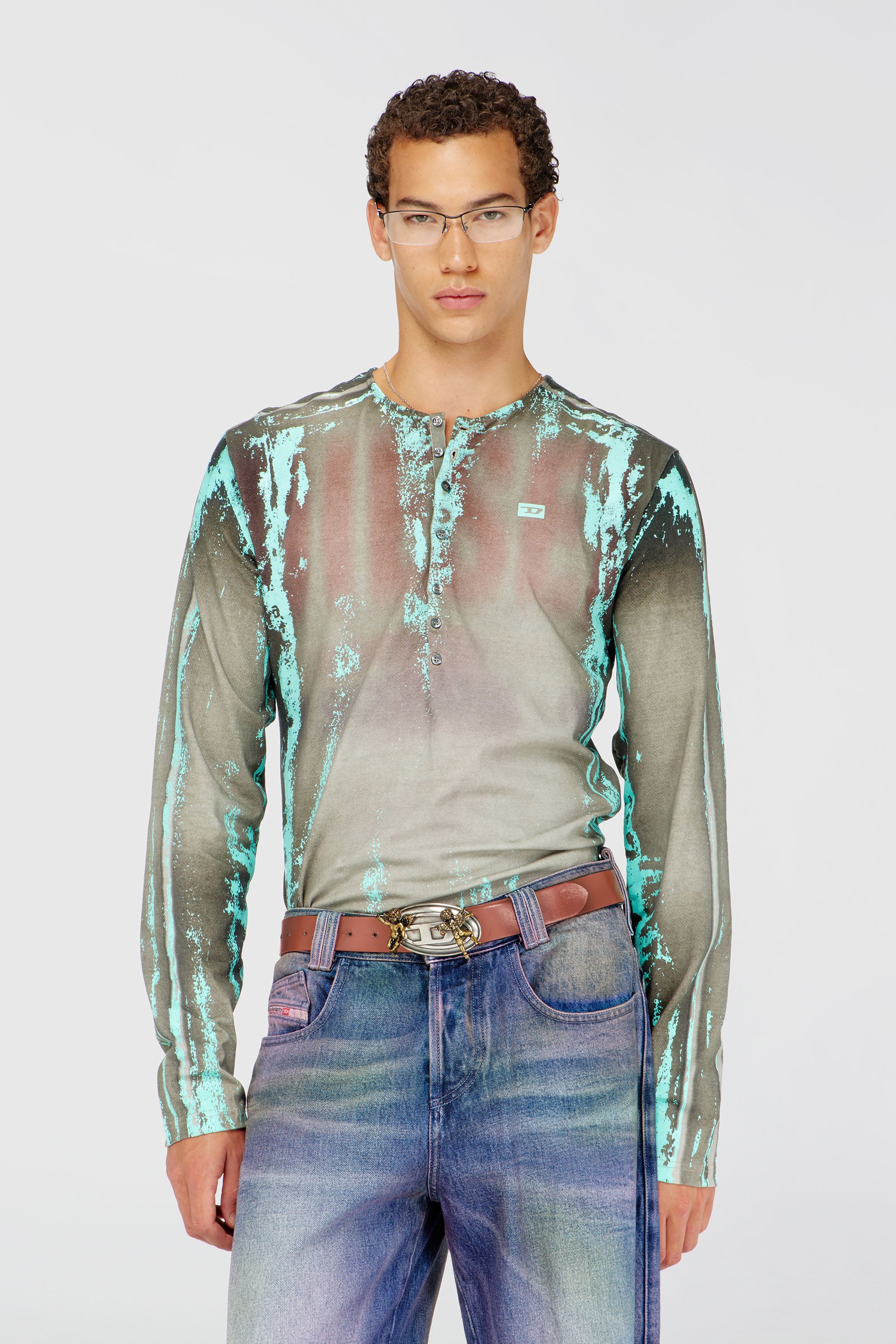 Diesel - T-FYNO-ML, Man's Grandad T-shirt in cracked leather-effect jersey in Grey/Blue - 3