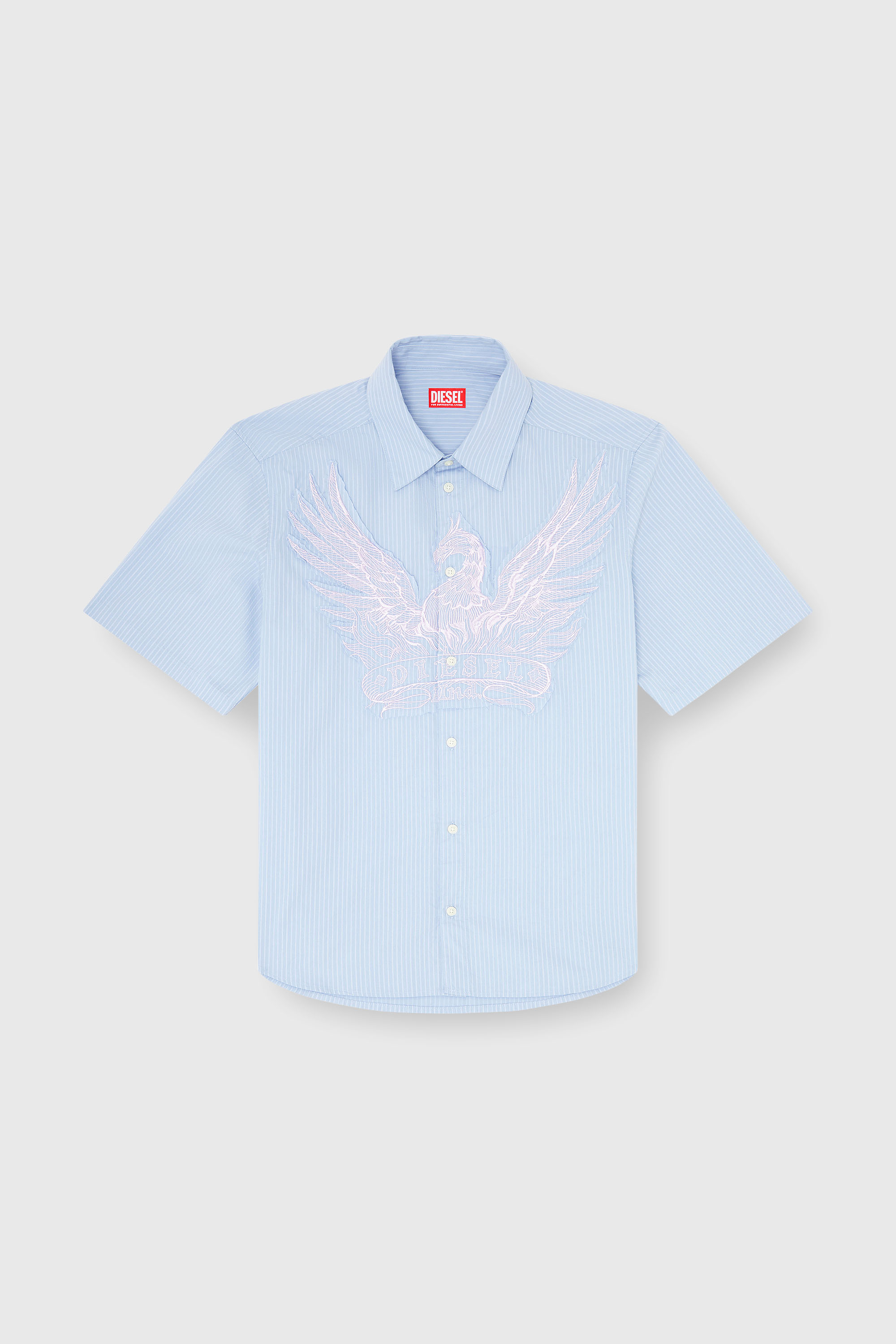 Diesel - S-SIMPLY-SS-AGCZ, Man's Striped poplin shirt with embroidered patch in Light Blue - 2