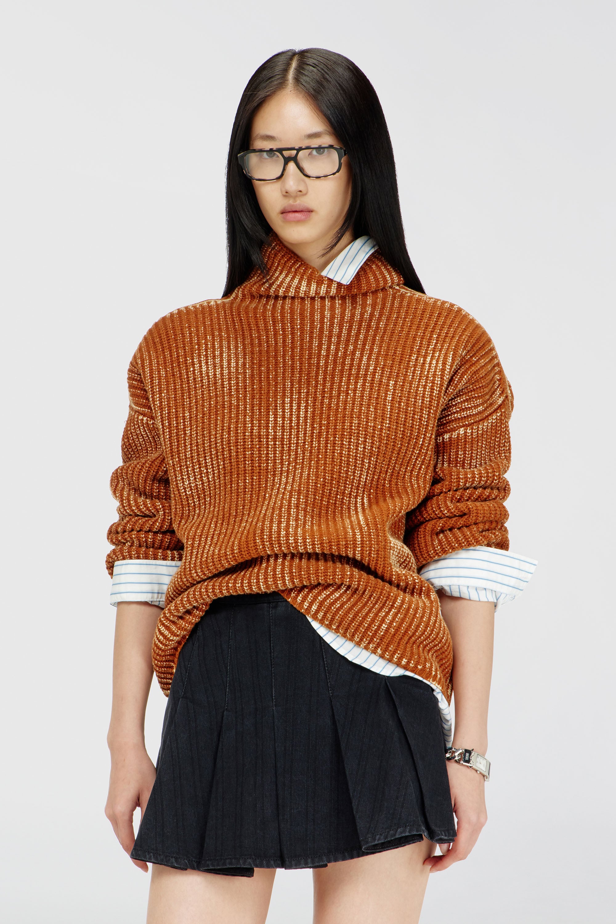 Diesel - M-AMET, Woman's Funnel-neck jumper in ribbed wool blend in Brown - 1