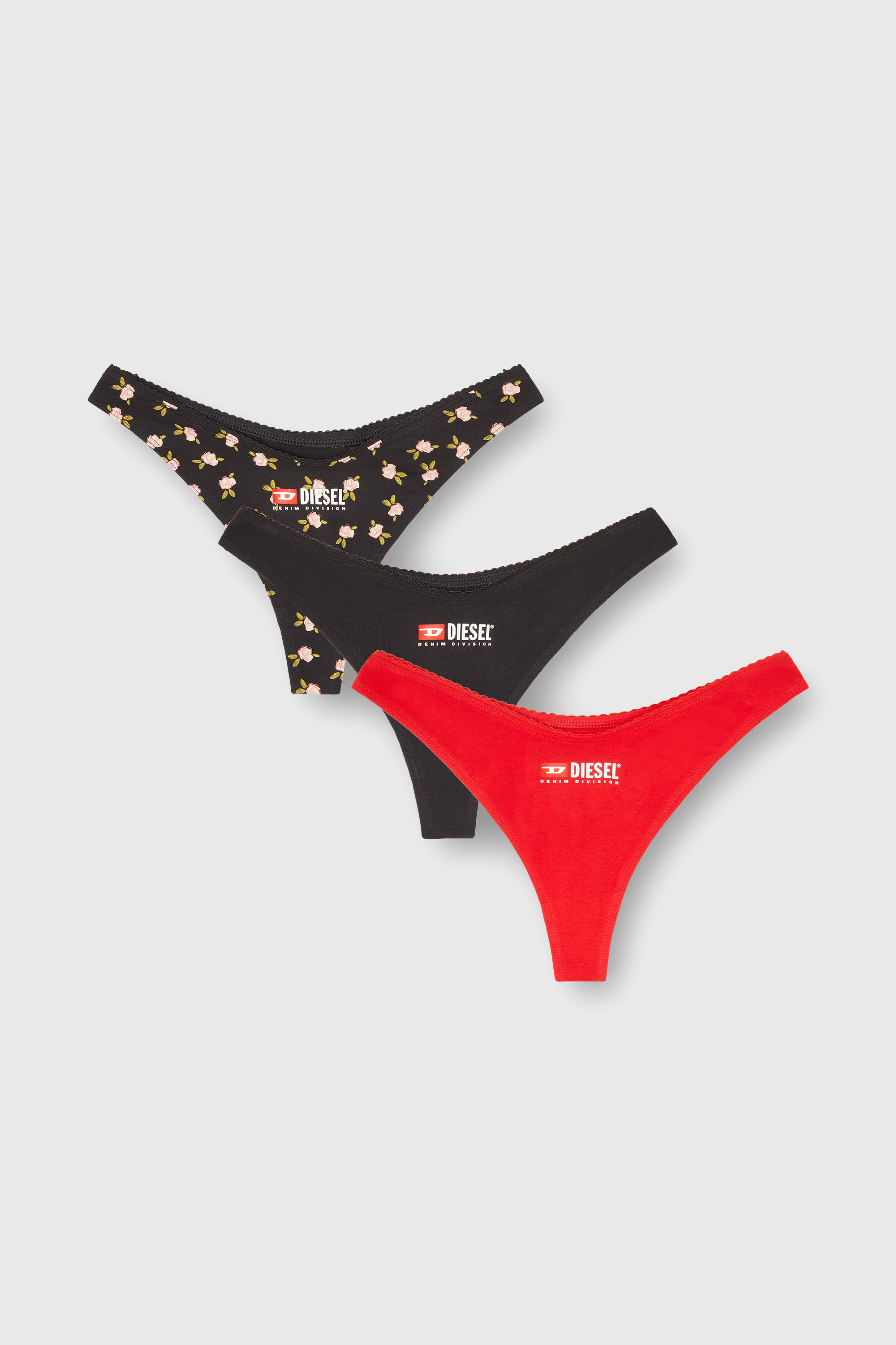 Diesel - PUNCHY-D-CORE-3PACK, Woman's 3-pack of stretch cotton thongs with floral print in Black - 1