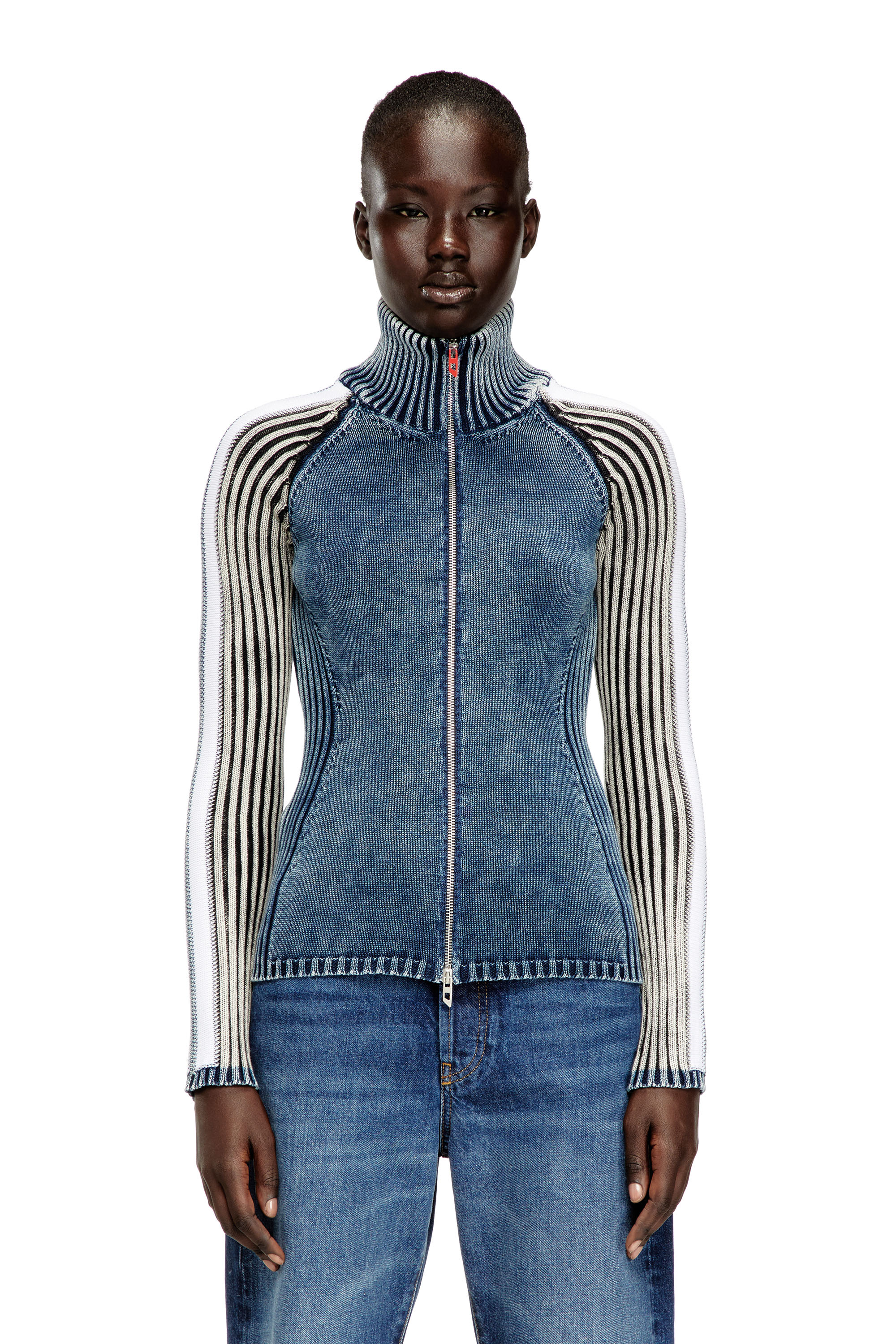 Diesel - M-ESTRELLA, Woman's Zip-up cardigan with sporty bands in Blue/White - 3