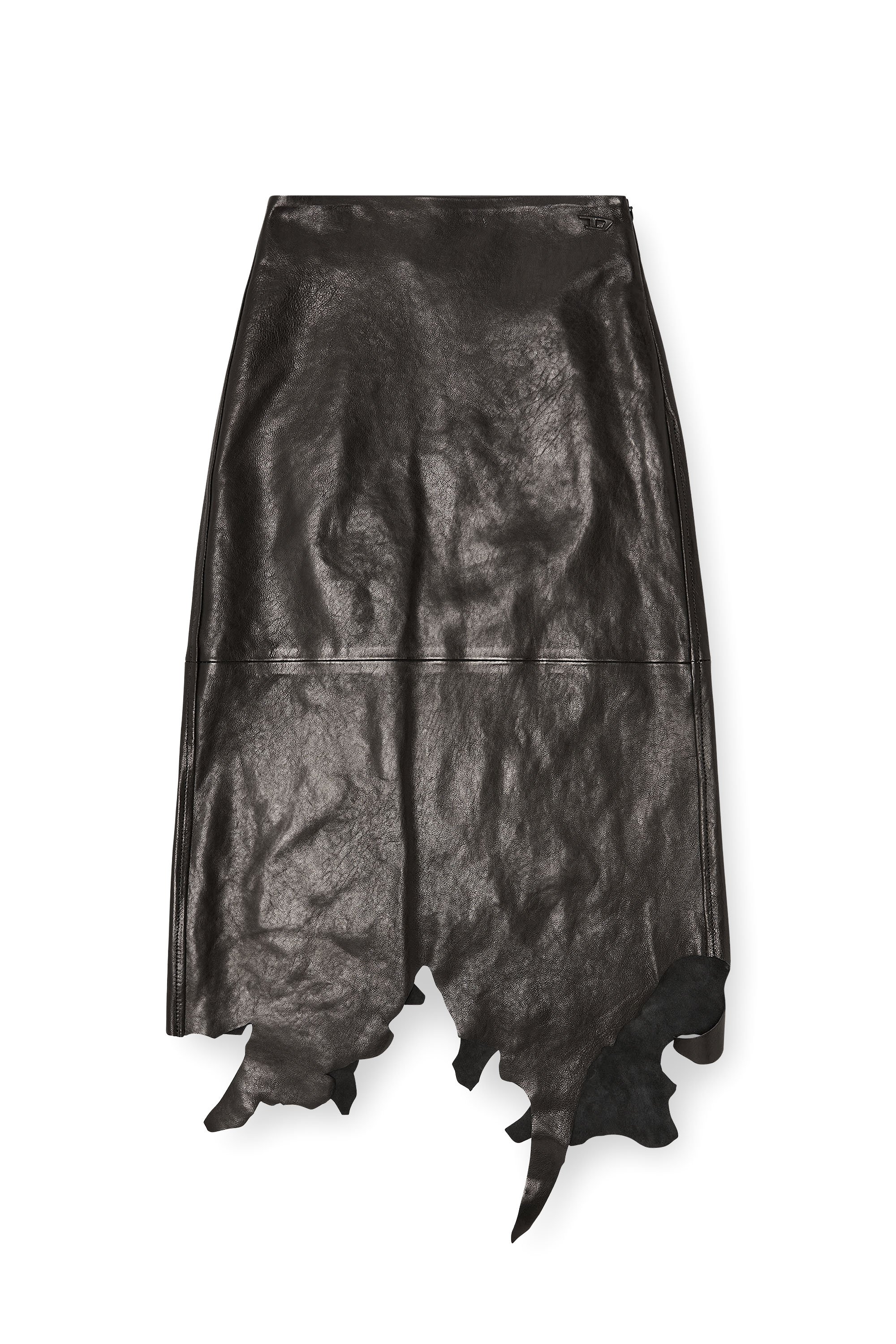 Diesel - L-TORN, Woman's Leather midi skirt with jagged hem in Black - 3