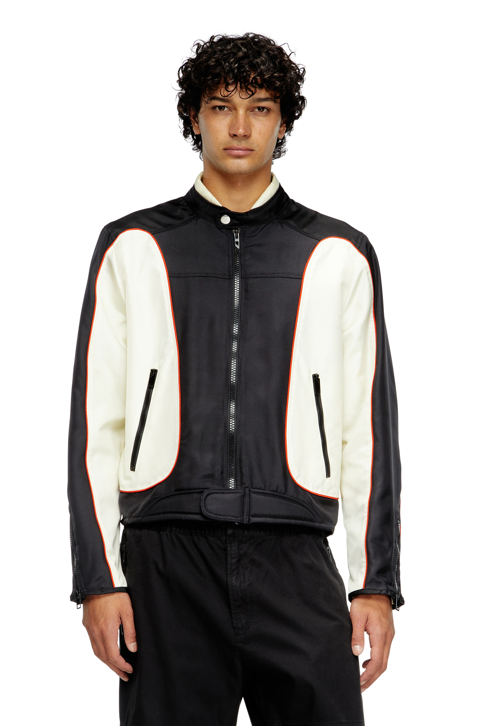 Diesel - J-BLINK-A, Man's Colour-block biker jacket with piping in White/Black - 1